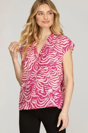 Hazel Blues® | She   Sky Printed Button Down Cap Sleeve Shirt