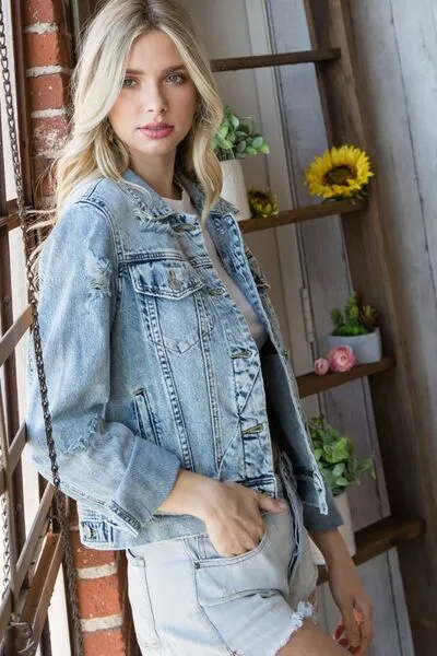 Hazel Blues® |  Veveret Distressed Button Up Denim Jacket