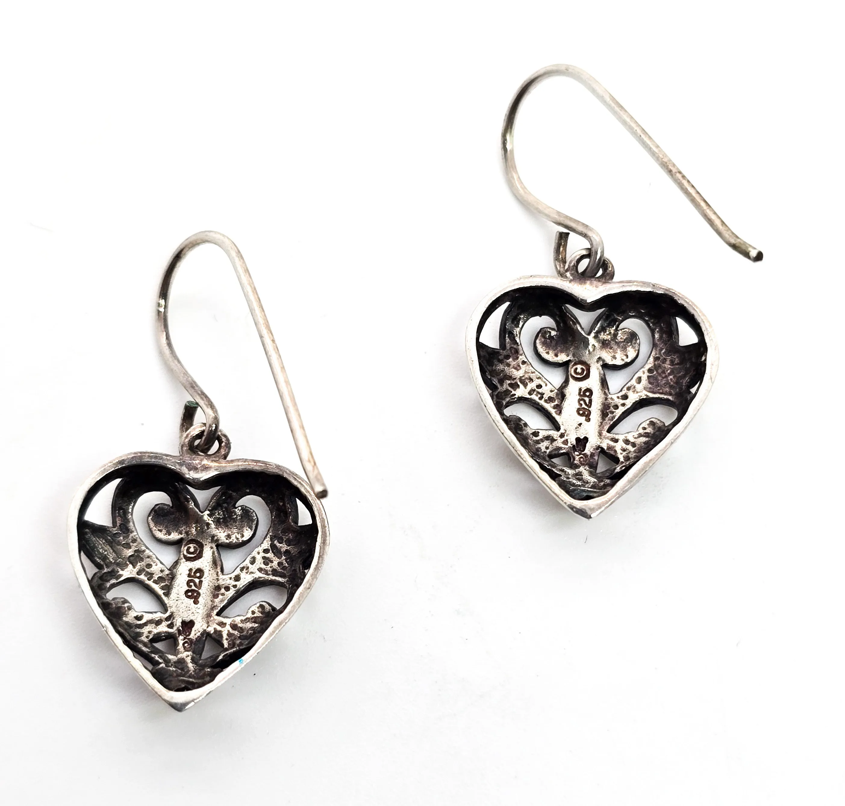 Jezebel retro open work filigree heart signed vintage sterling silver earrings