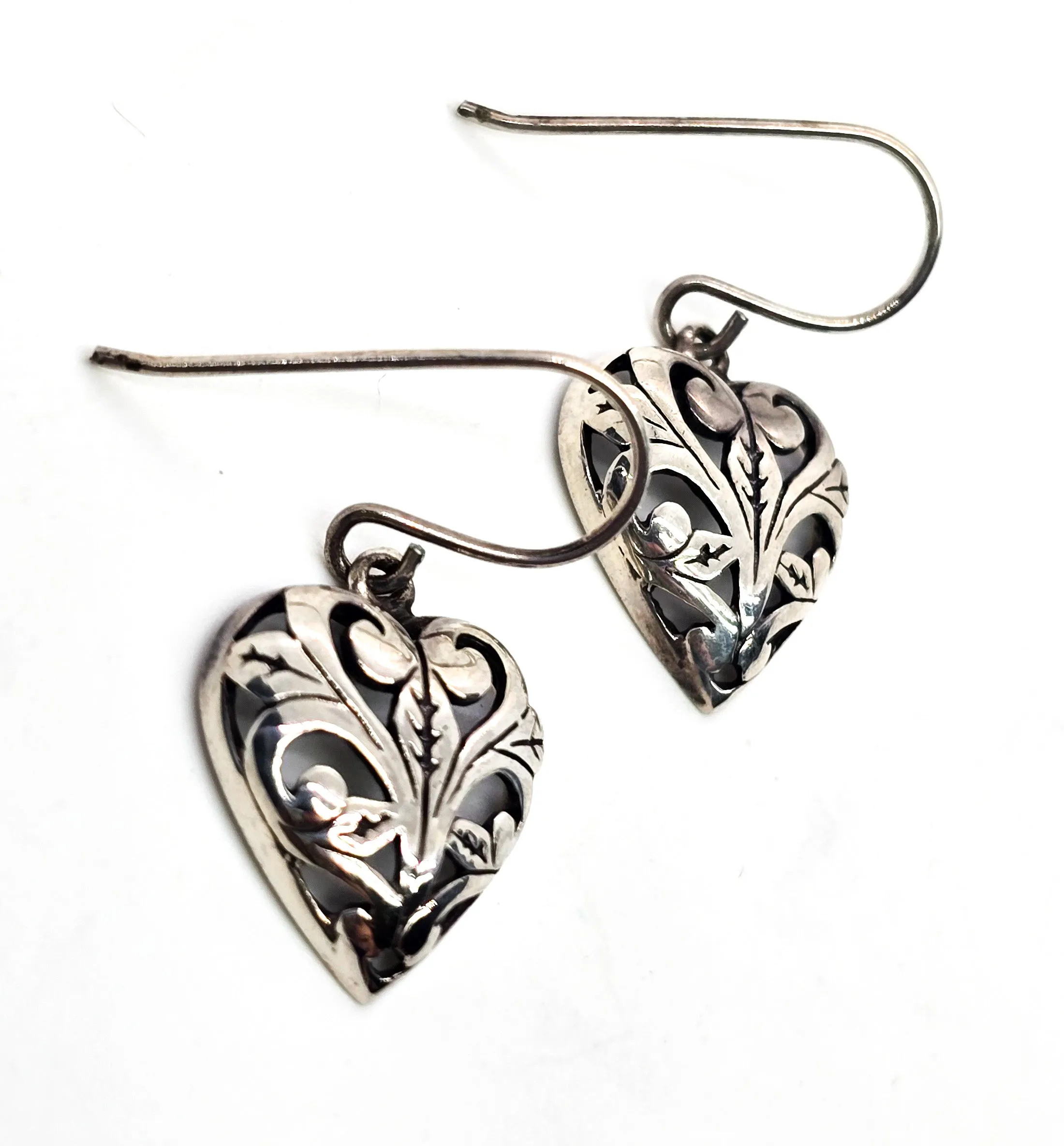 Jezebel retro open work filigree heart signed vintage sterling silver earrings