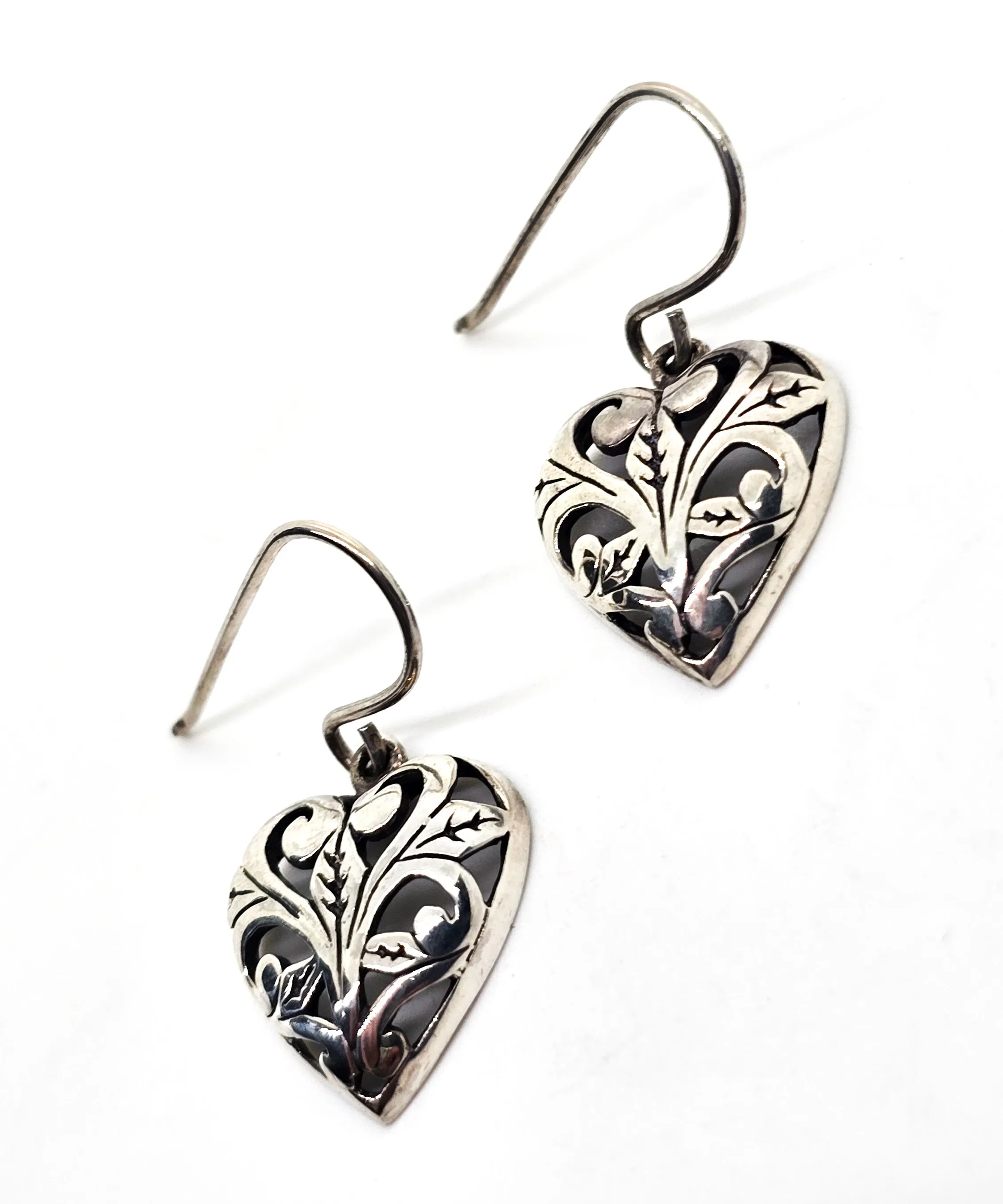 Jezebel retro open work filigree heart signed vintage sterling silver earrings