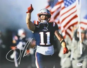 Julian Edelman New England Patriots Signed Color Rush Running 11x14 Photo PSA
