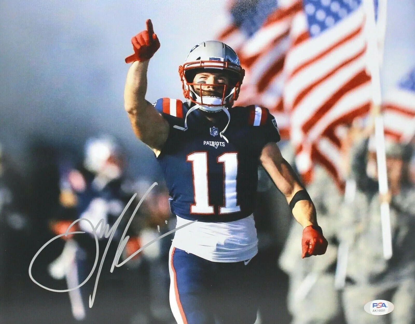 Julian Edelman New England Patriots Signed Color Rush Running 11x14 Photo PSA