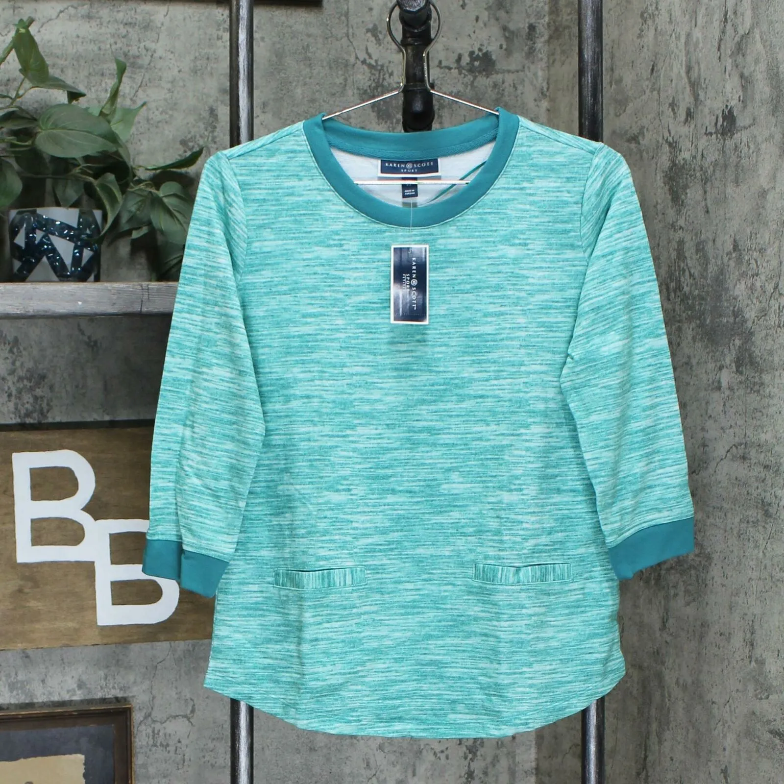 Karen Scott Petite Space Dyed Contrast Trim Knit Top