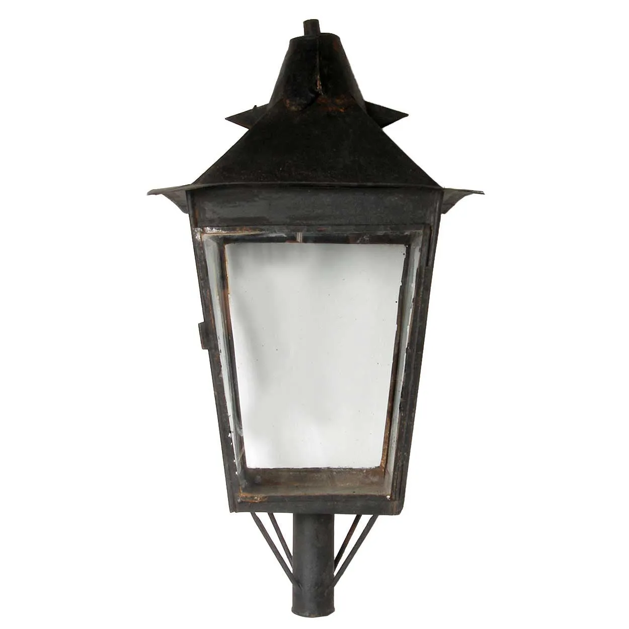 Large English Black Toleware, Glass Post Lantern on Painted Teak Base
