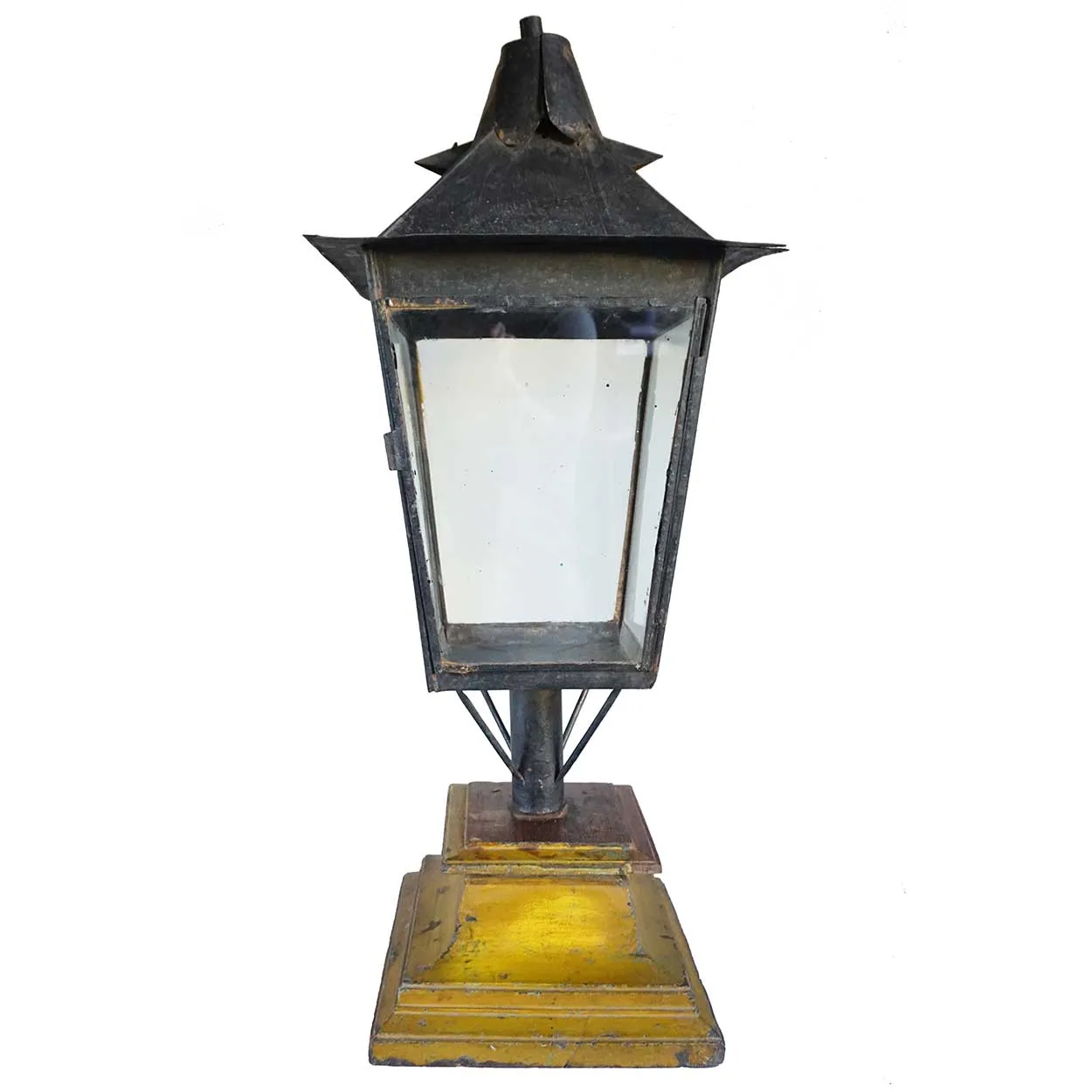 Large English Black Toleware, Glass Post Lantern on Painted Teak Base