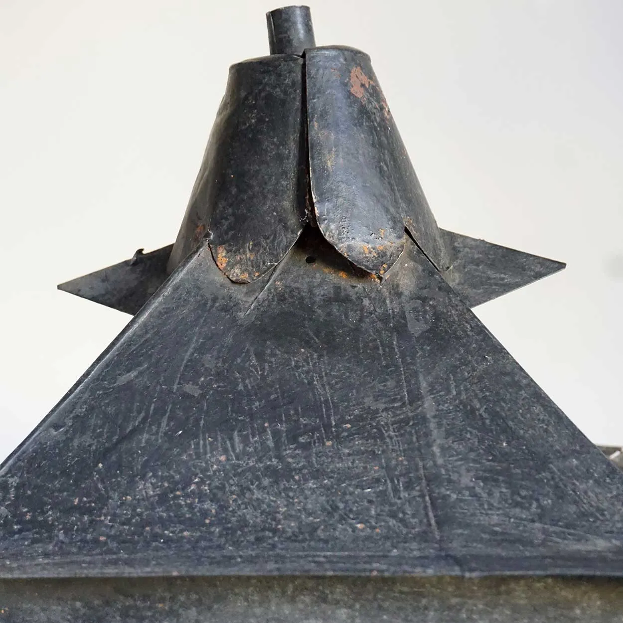 Large English Black Toleware, Glass Post Lantern on Painted Teak Base