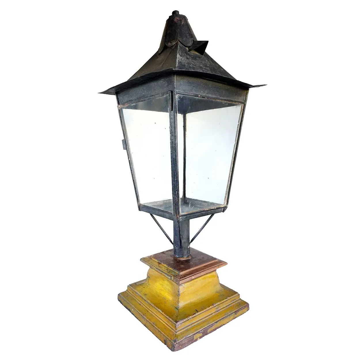 Large English Black Toleware, Glass Post Lantern on Painted Teak Base