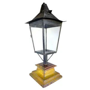 Large English Black Toleware, Glass Post Lantern on Painted Teak Base