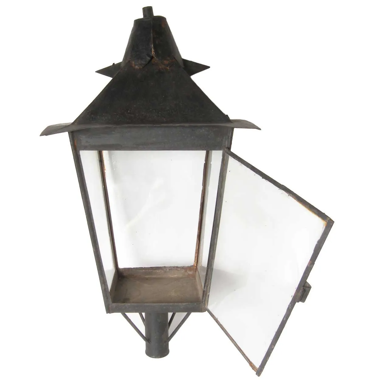 Large English Black Toleware, Glass Post Lantern on Painted Teak Base