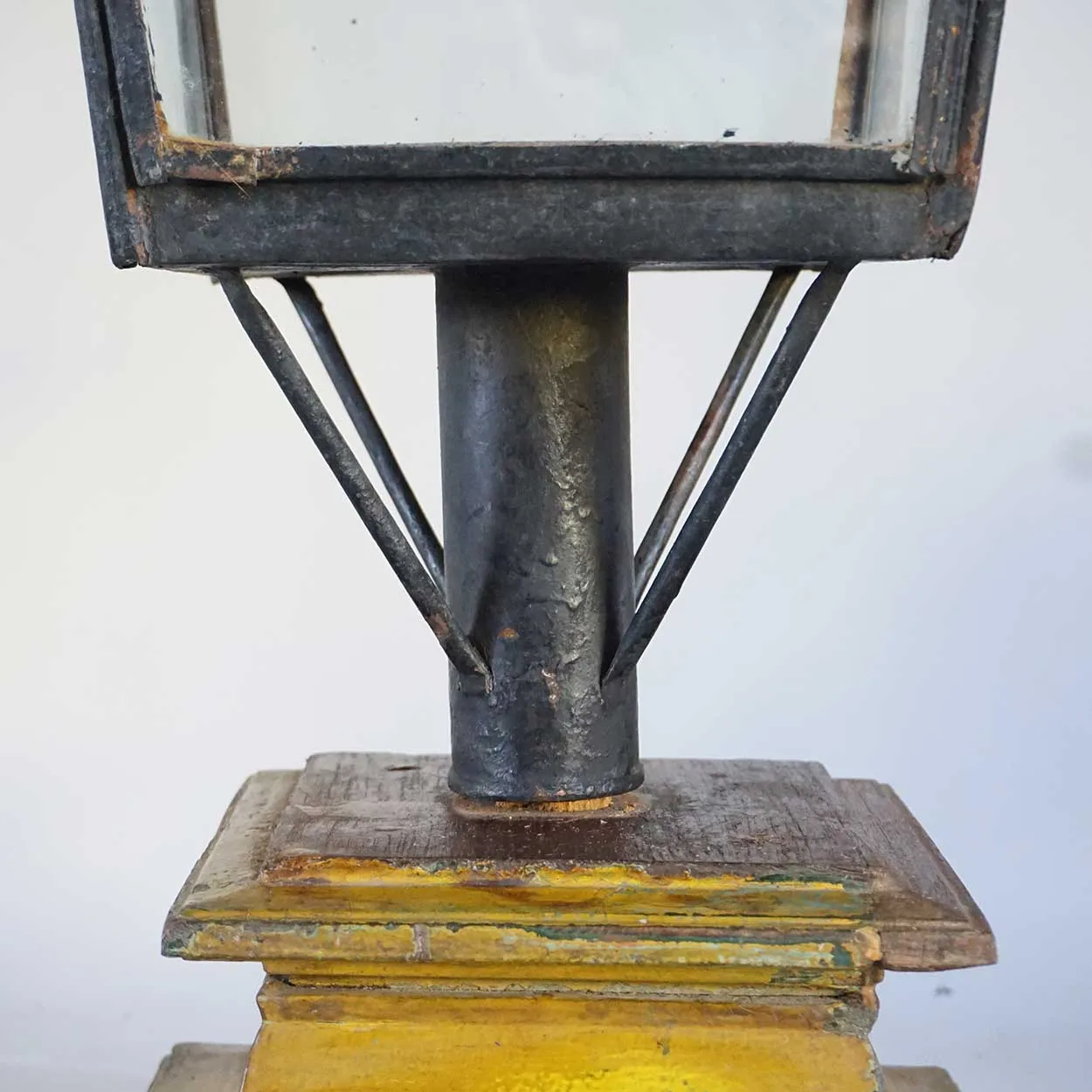Large English Black Toleware, Glass Post Lantern on Painted Teak Base