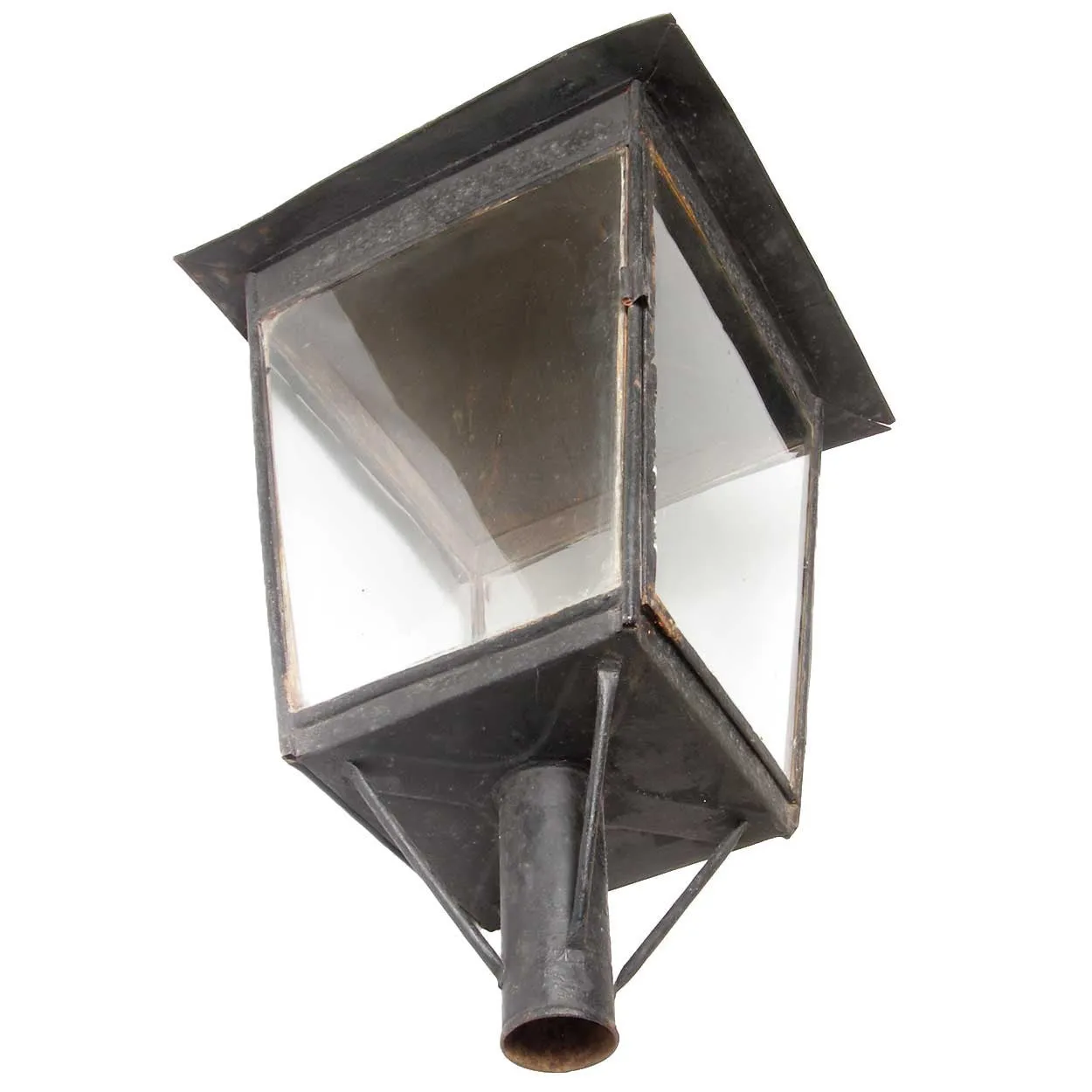 Large English Black Toleware, Glass Post Lantern on Painted Teak Base