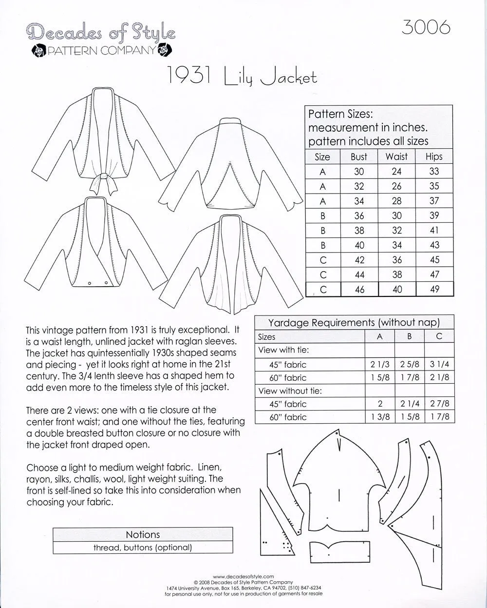 Lily Jacket 1930  Decades of Style Vintage Style Sewing Pattern