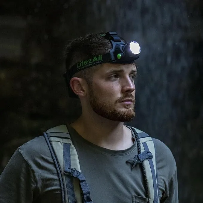 LitezAll LED Head Lamp Work Light - 800 Lumen Adjustable Headlamp, Weather Resistant, Battery Powered Headband Flashlights for Camping, Running, Outdoor Gear - Batteries Included