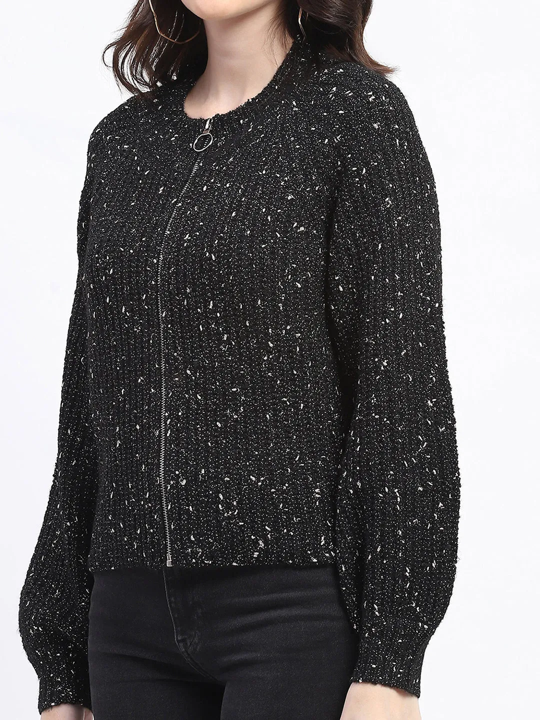 Madame Speckled Zip Up Black Acrylic Sweater