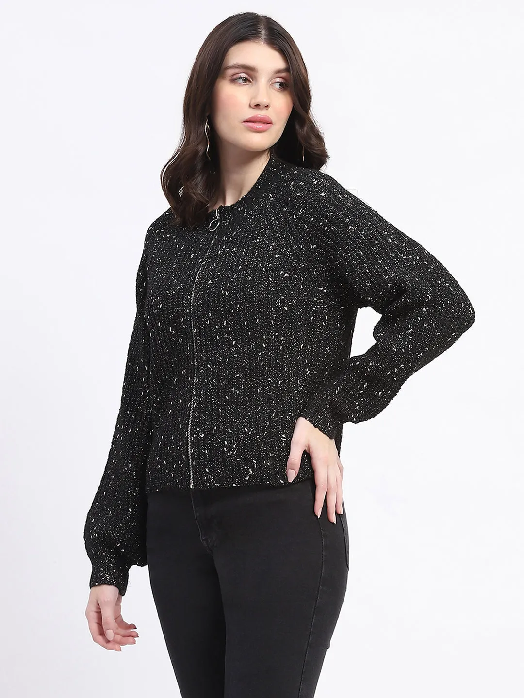 Madame Speckled Zip Up Black Acrylic Sweater