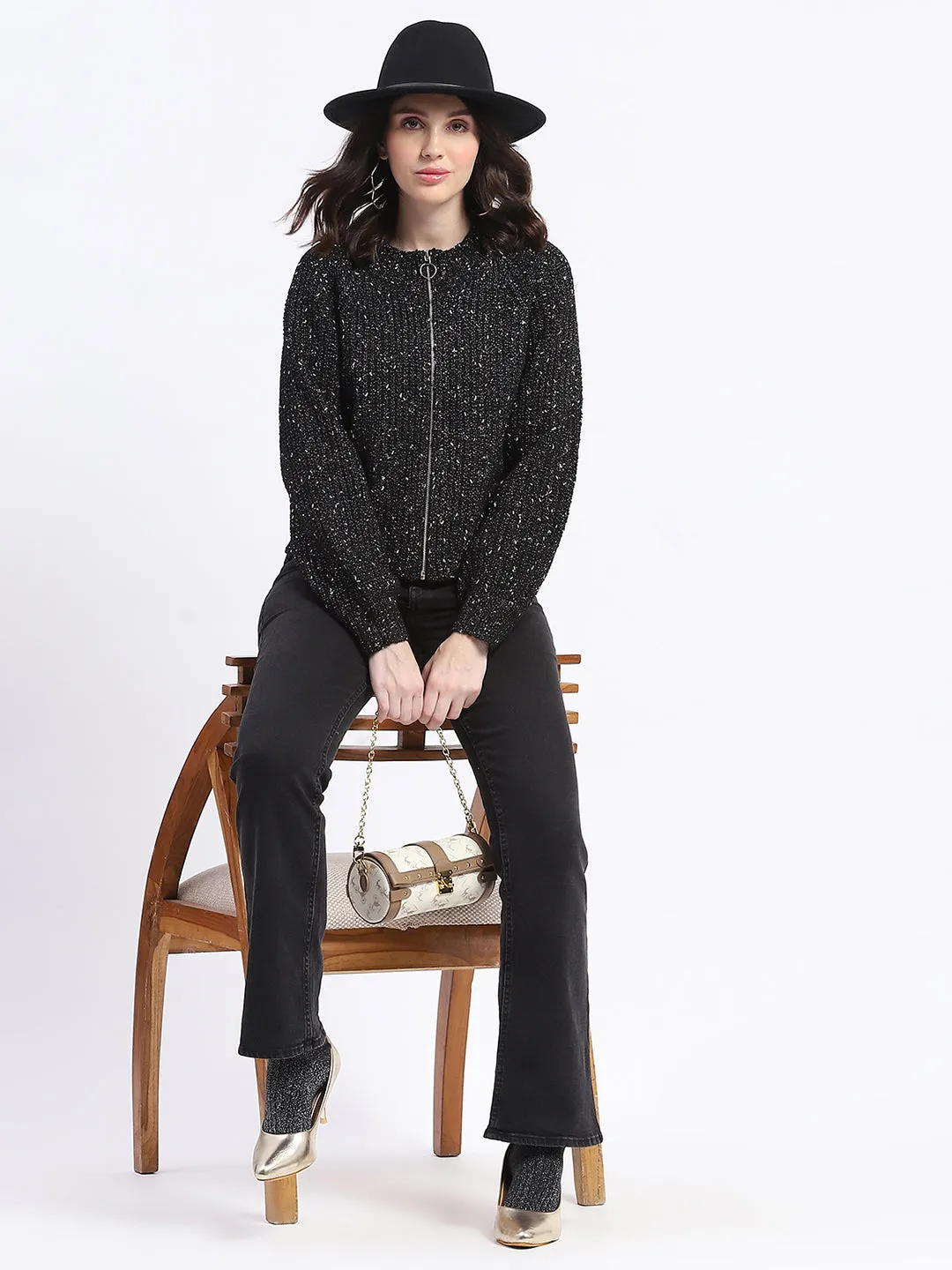 Madame Speckled Zip Up Black Acrylic Sweater