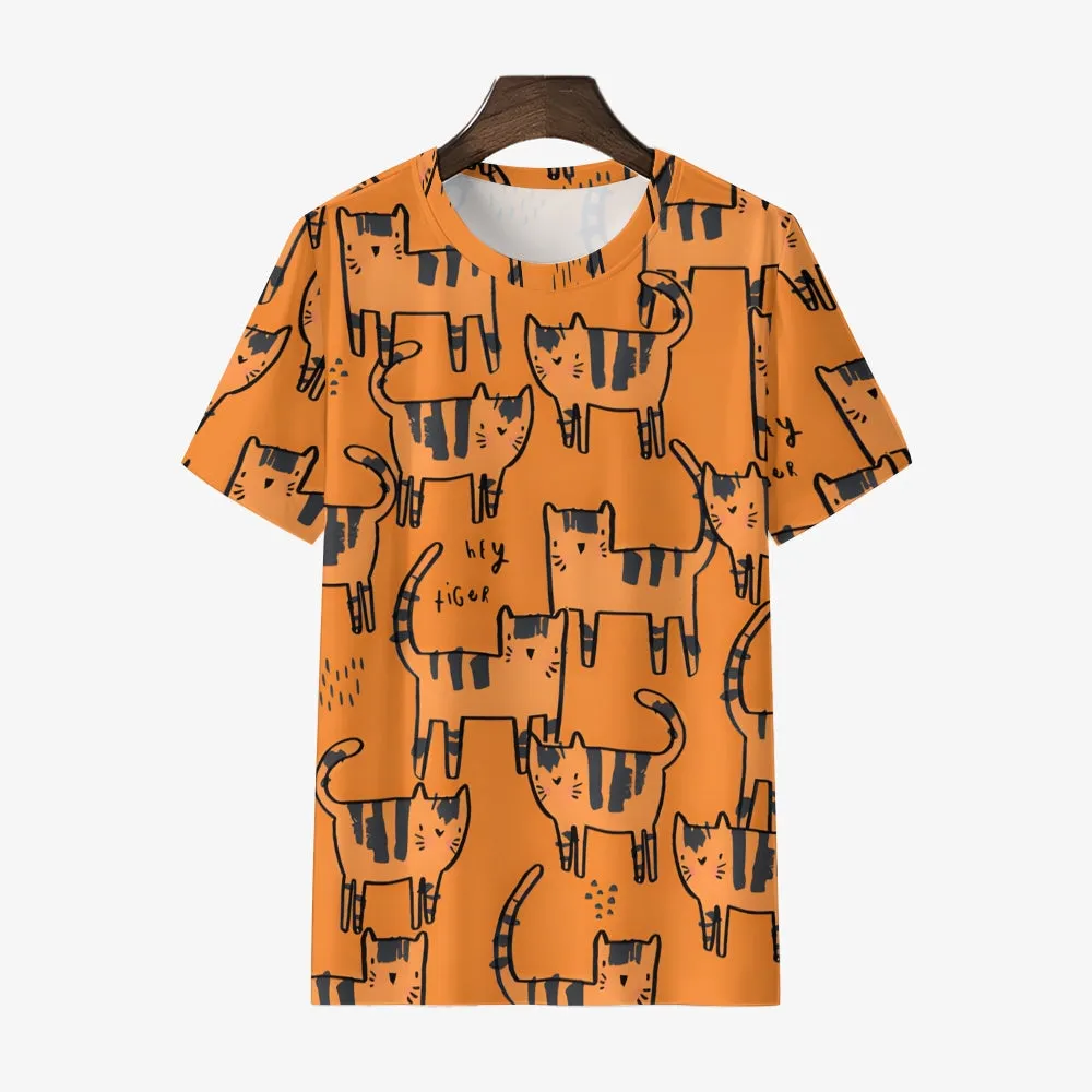 Men's Orange Cat Round Neck Casual T-shirt 2401000111
