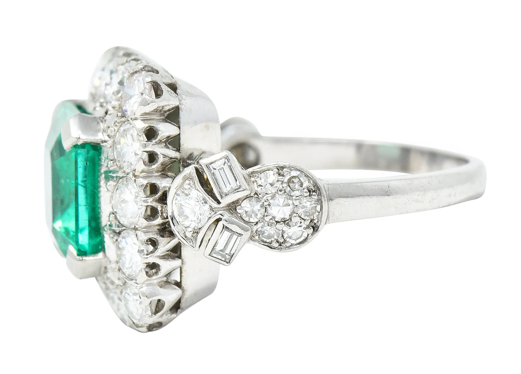 Mid-Century 5.73 CTW  Colombian Emerald Transitional Cut Diamond Platinum Vintage Halo Ring GIA