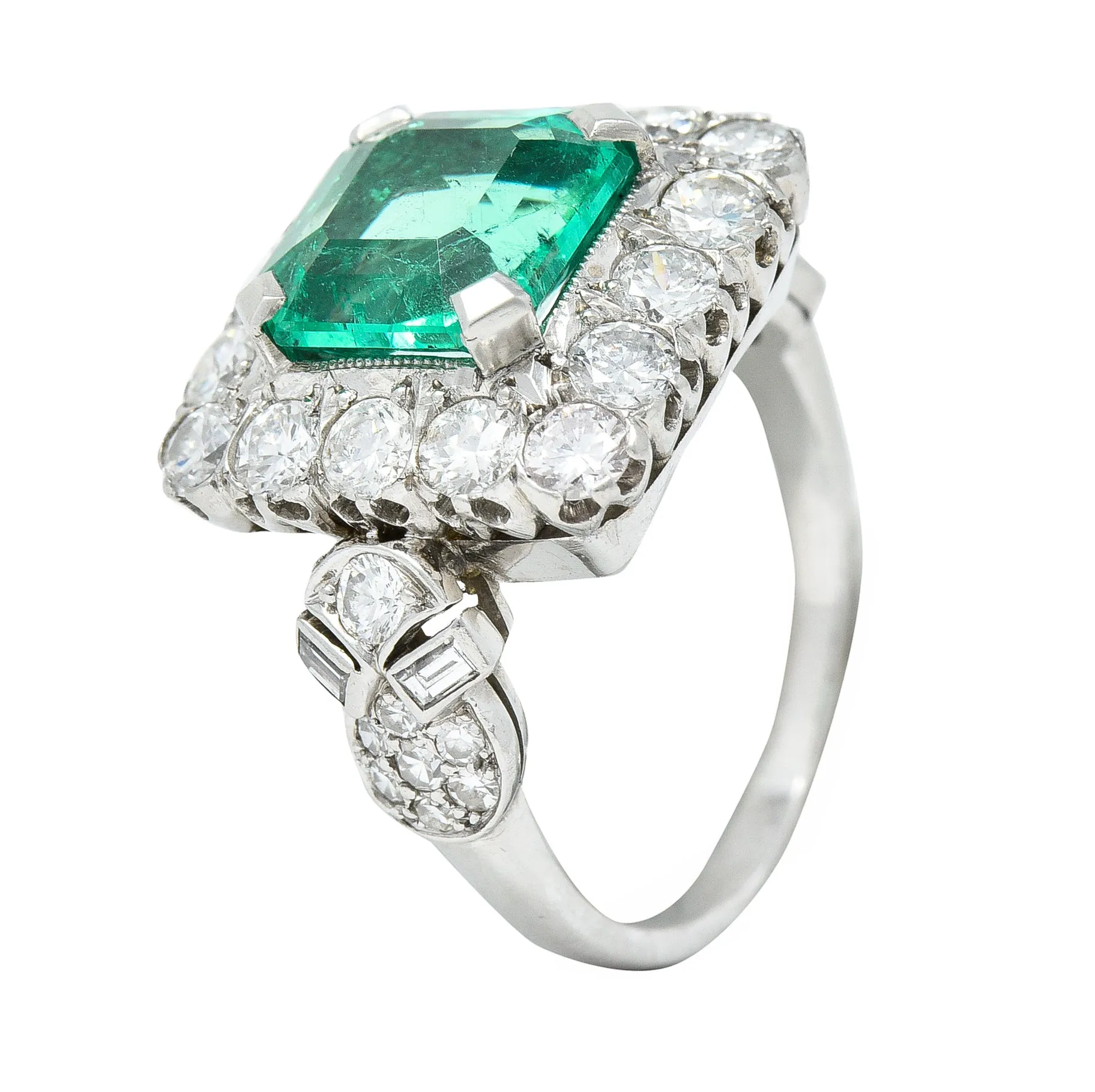 Mid-Century 5.73 CTW  Colombian Emerald Transitional Cut Diamond Platinum Vintage Halo Ring GIA