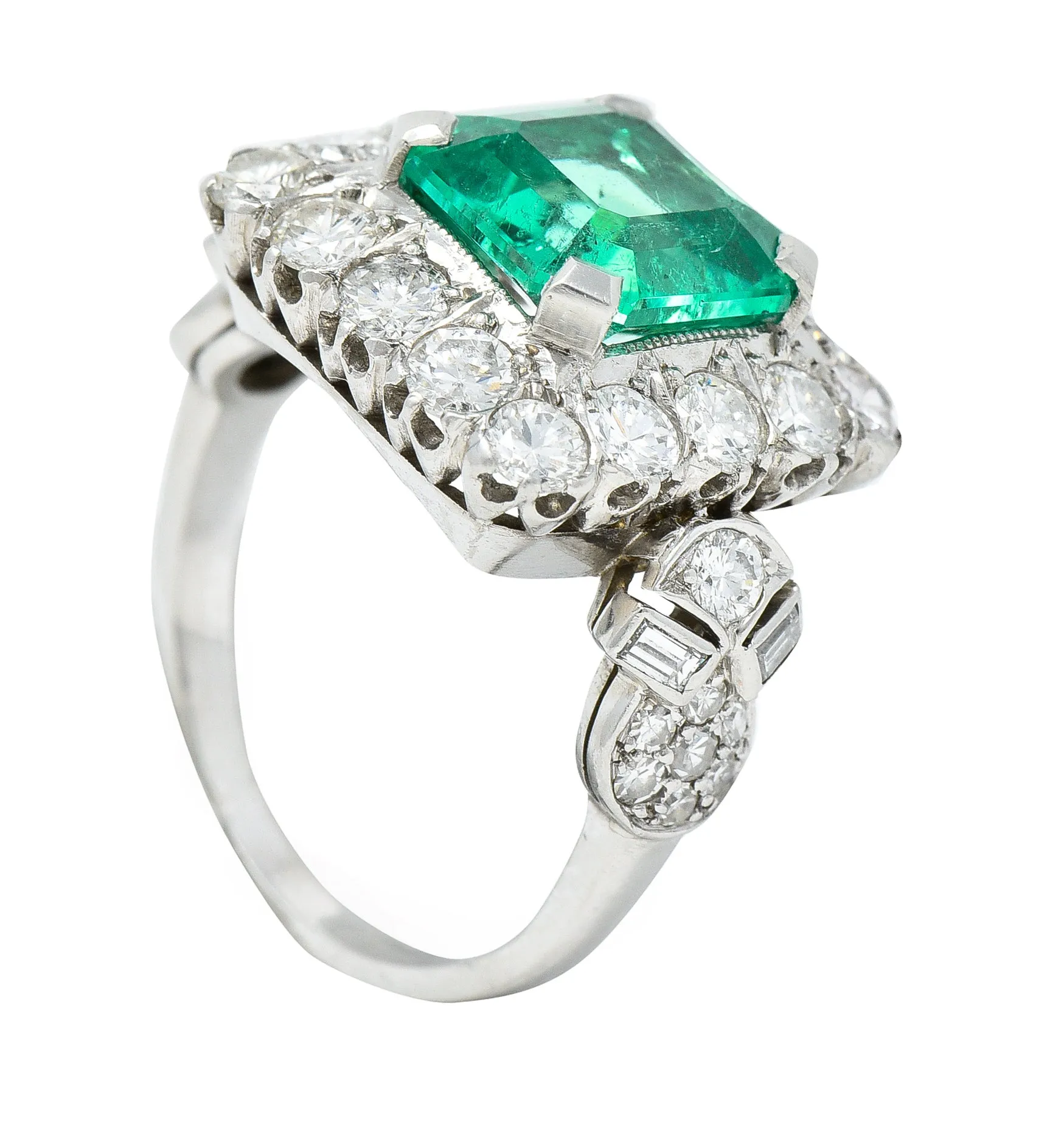Mid-Century 5.73 CTW  Colombian Emerald Transitional Cut Diamond Platinum Vintage Halo Ring GIA