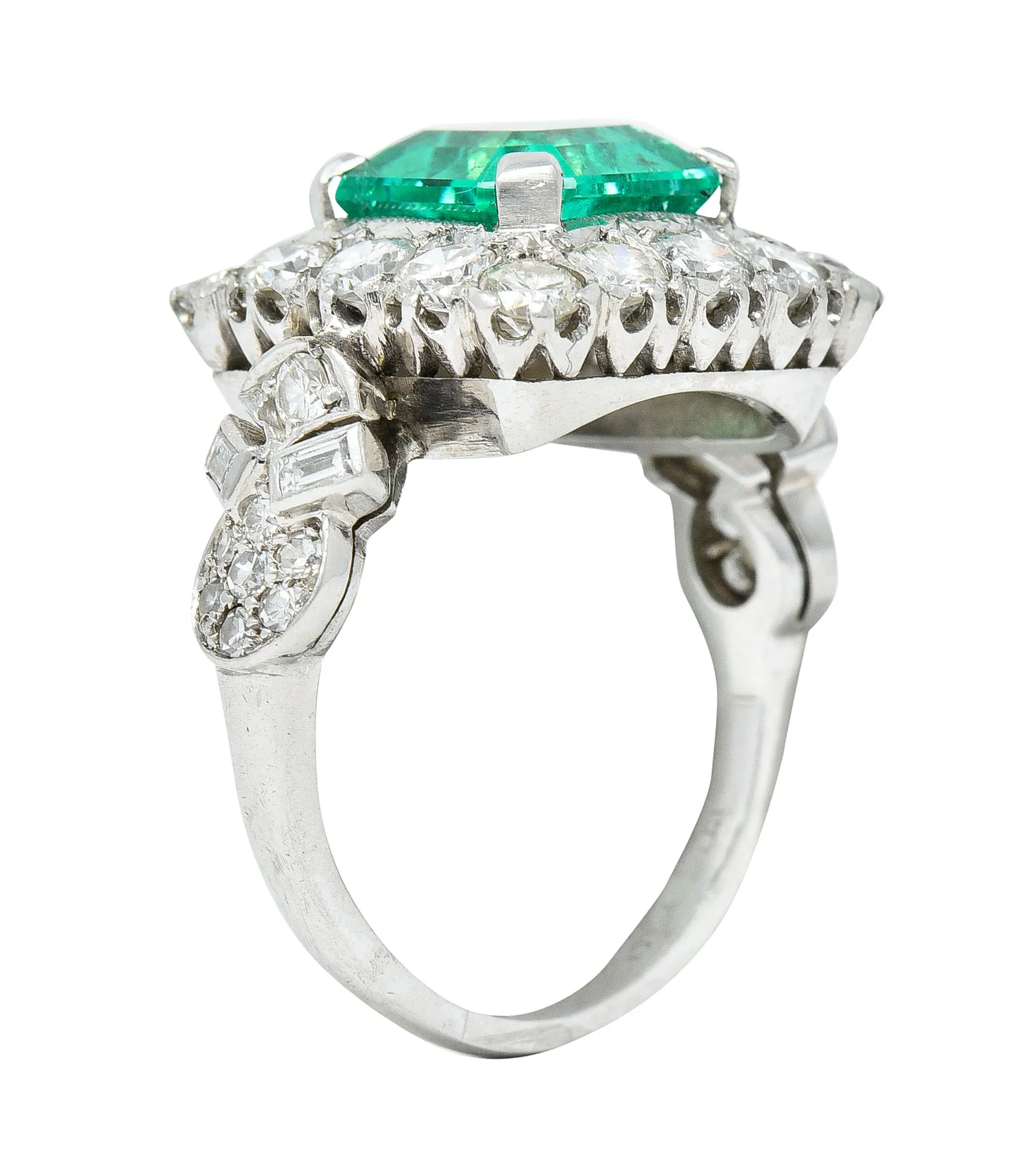 Mid-Century 5.73 CTW  Colombian Emerald Transitional Cut Diamond Platinum Vintage Halo Ring GIA