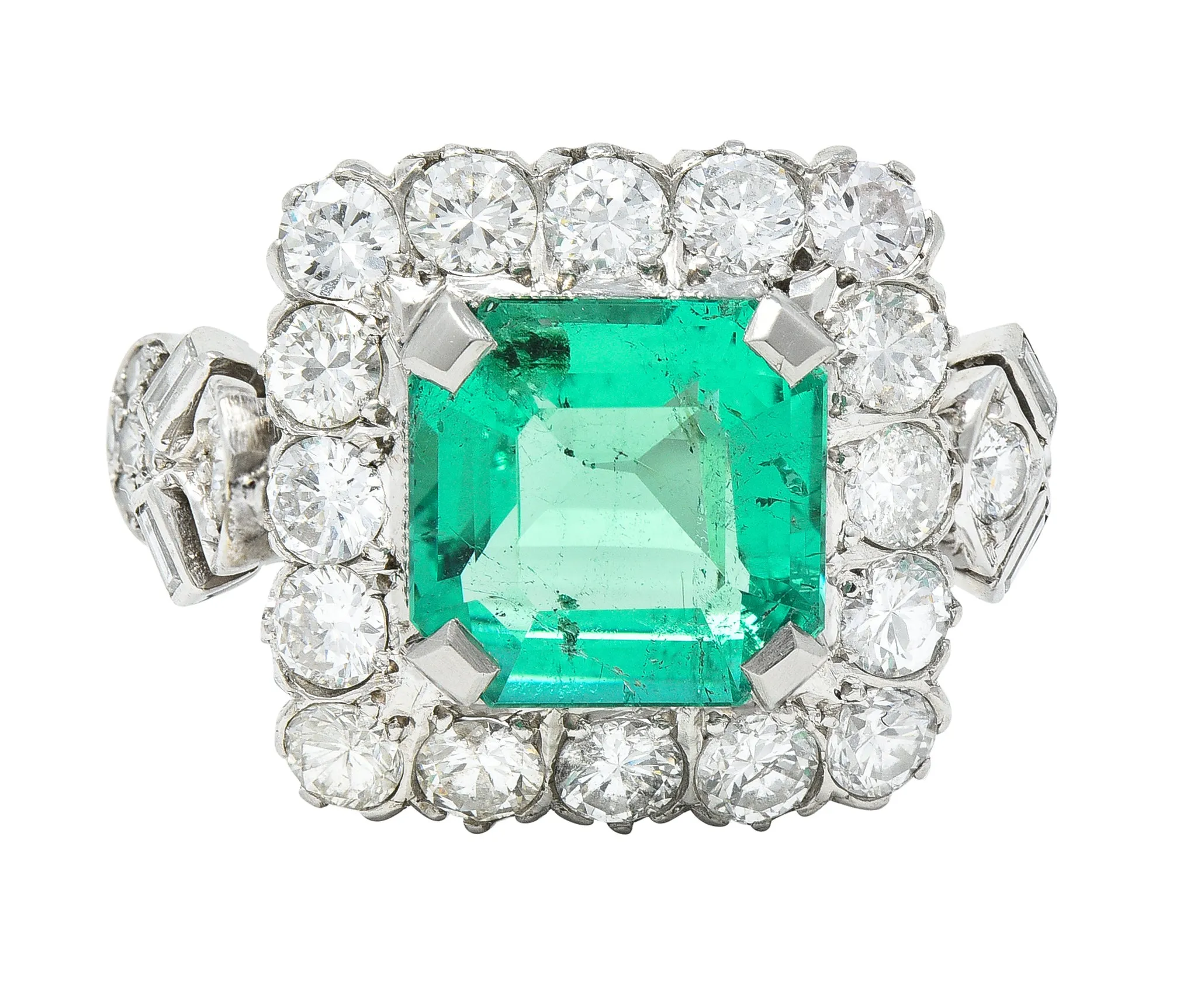 Mid-Century 5.73 CTW  Colombian Emerald Transitional Cut Diamond Platinum Vintage Halo Ring GIA