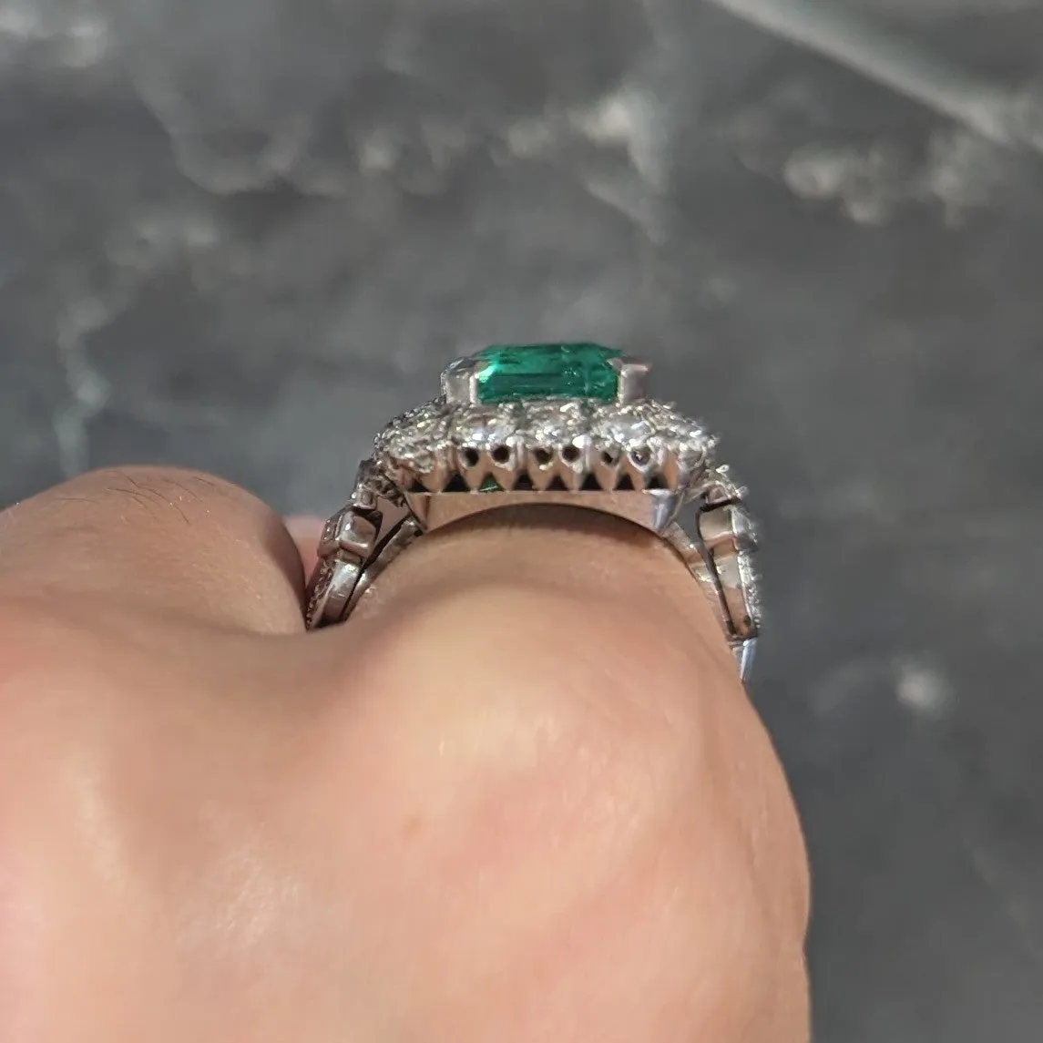 Mid-Century 5.73 CTW  Colombian Emerald Transitional Cut Diamond Platinum Vintage Halo Ring GIA
