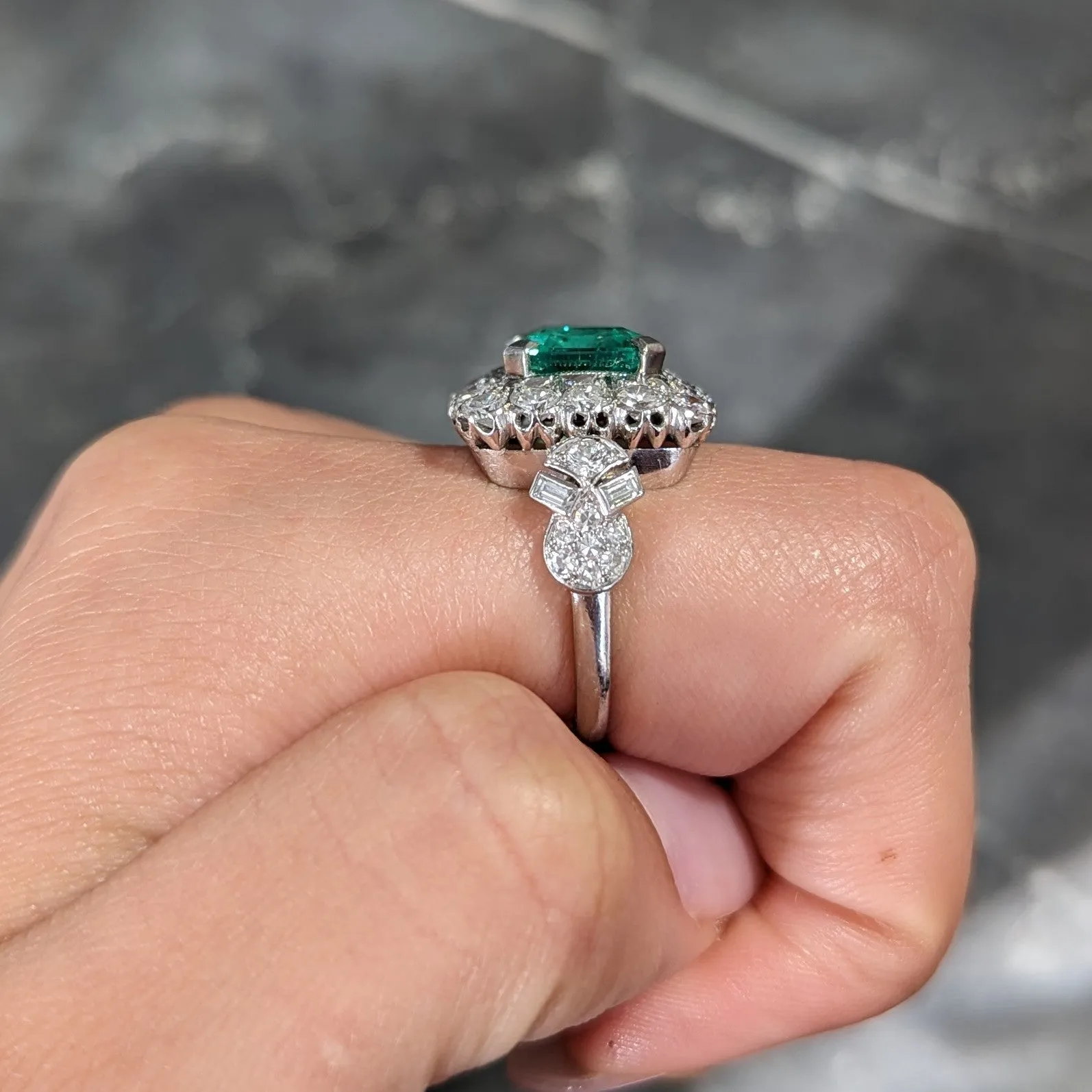 Mid-Century 5.73 CTW  Colombian Emerald Transitional Cut Diamond Platinum Vintage Halo Ring GIA