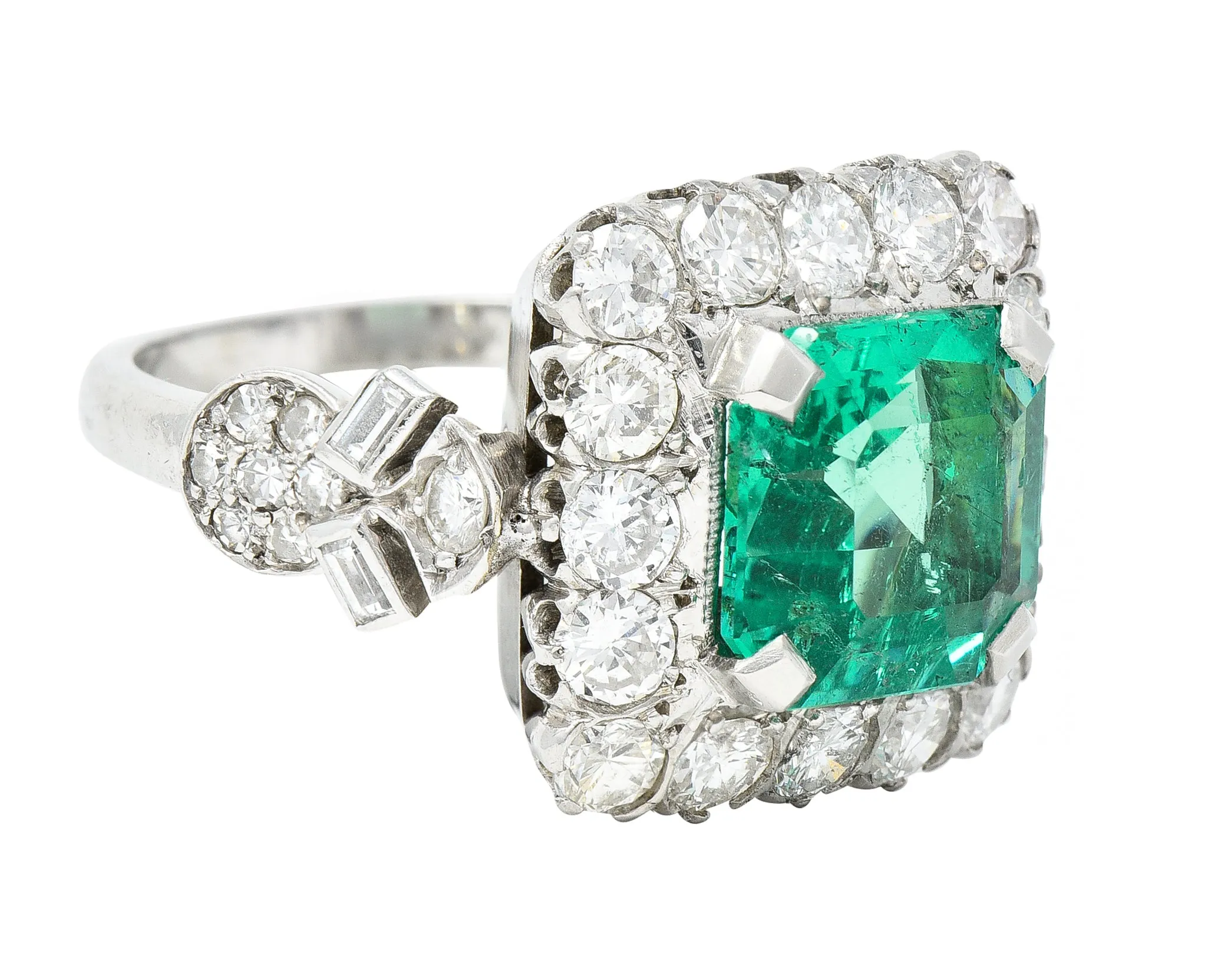 Mid-Century 5.73 CTW  Colombian Emerald Transitional Cut Diamond Platinum Vintage Halo Ring GIA