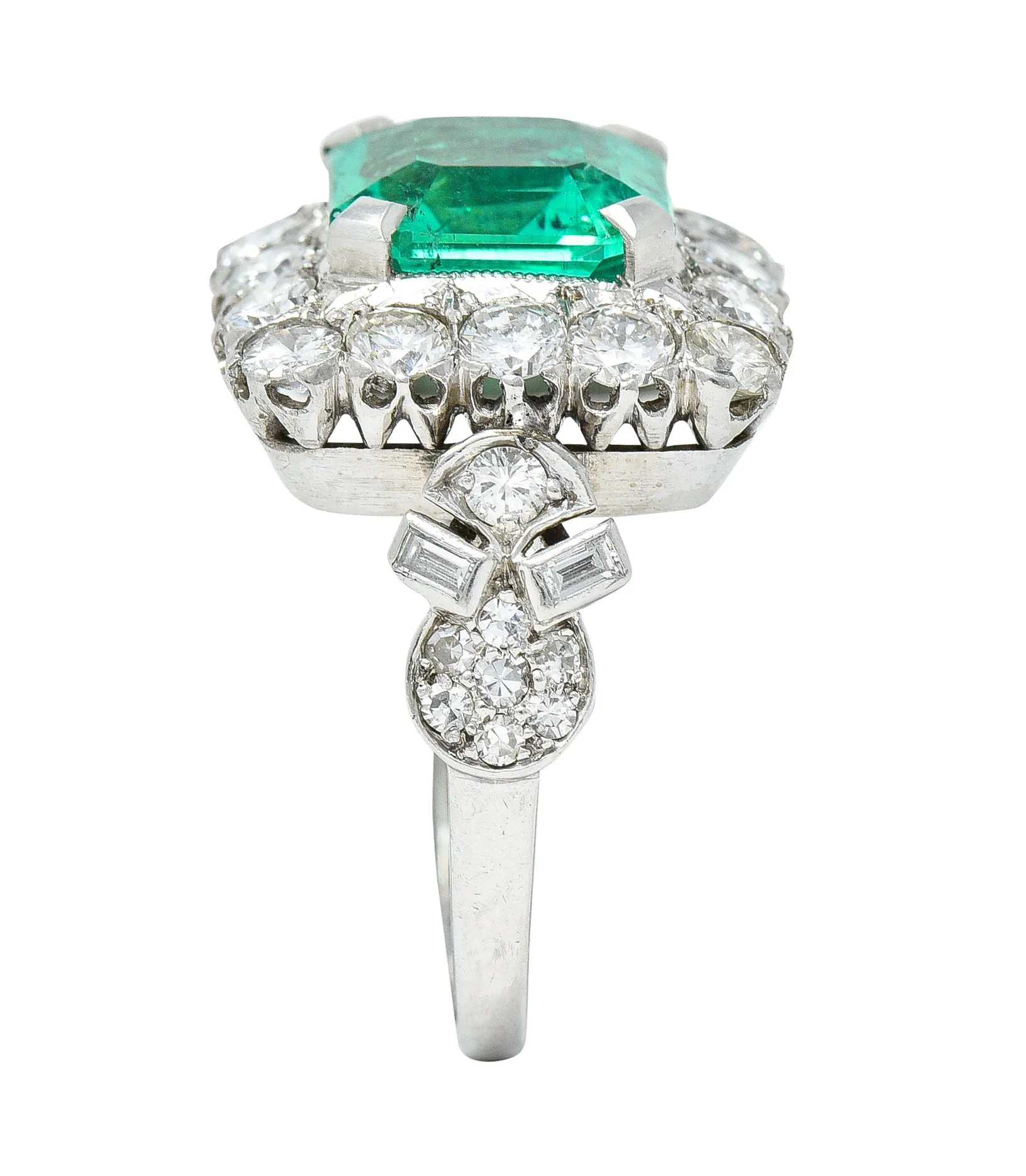 Mid-Century 5.73 CTW  Colombian Emerald Transitional Cut Diamond Platinum Vintage Halo Ring GIA