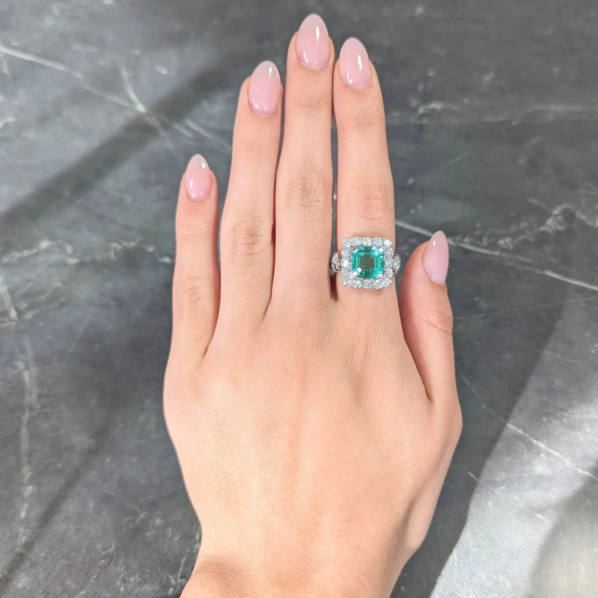 Mid-Century 5.73 CTW  Colombian Emerald Transitional Cut Diamond Platinum Vintage Halo Ring GIA