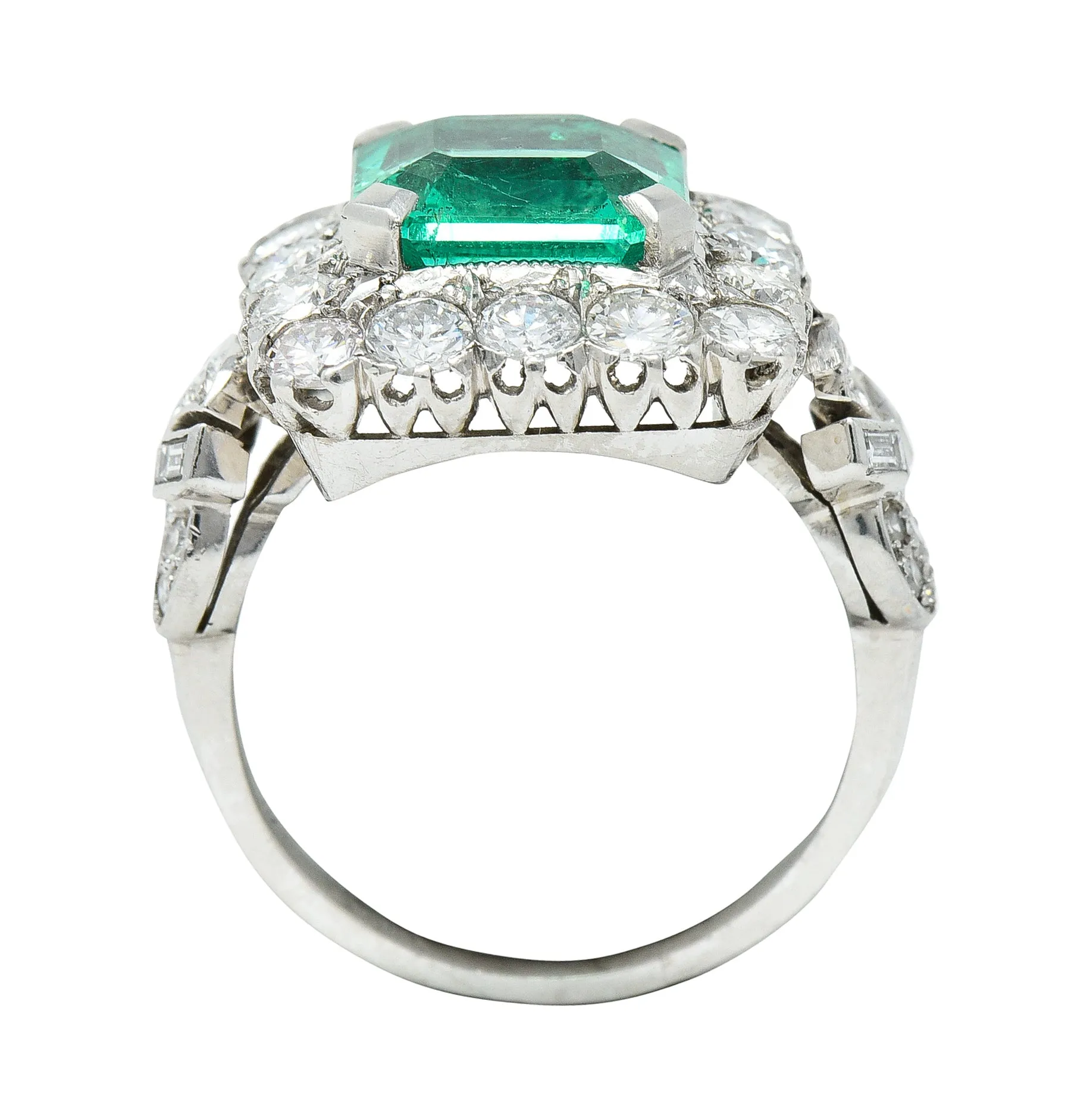 Mid-Century 5.73 CTW  Colombian Emerald Transitional Cut Diamond Platinum Vintage Halo Ring GIA