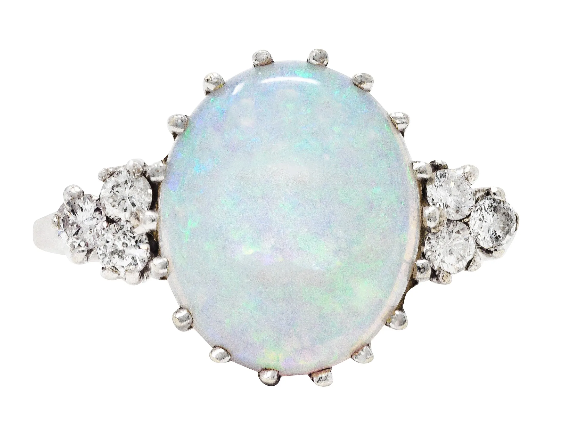 Mid-Century Opal Diamond 14 Karat White Gold Vintage Ring