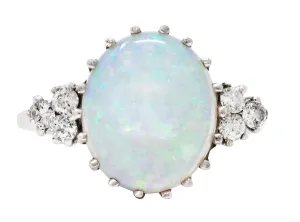 Mid-Century Opal Diamond 14 Karat White Gold Vintage Ring