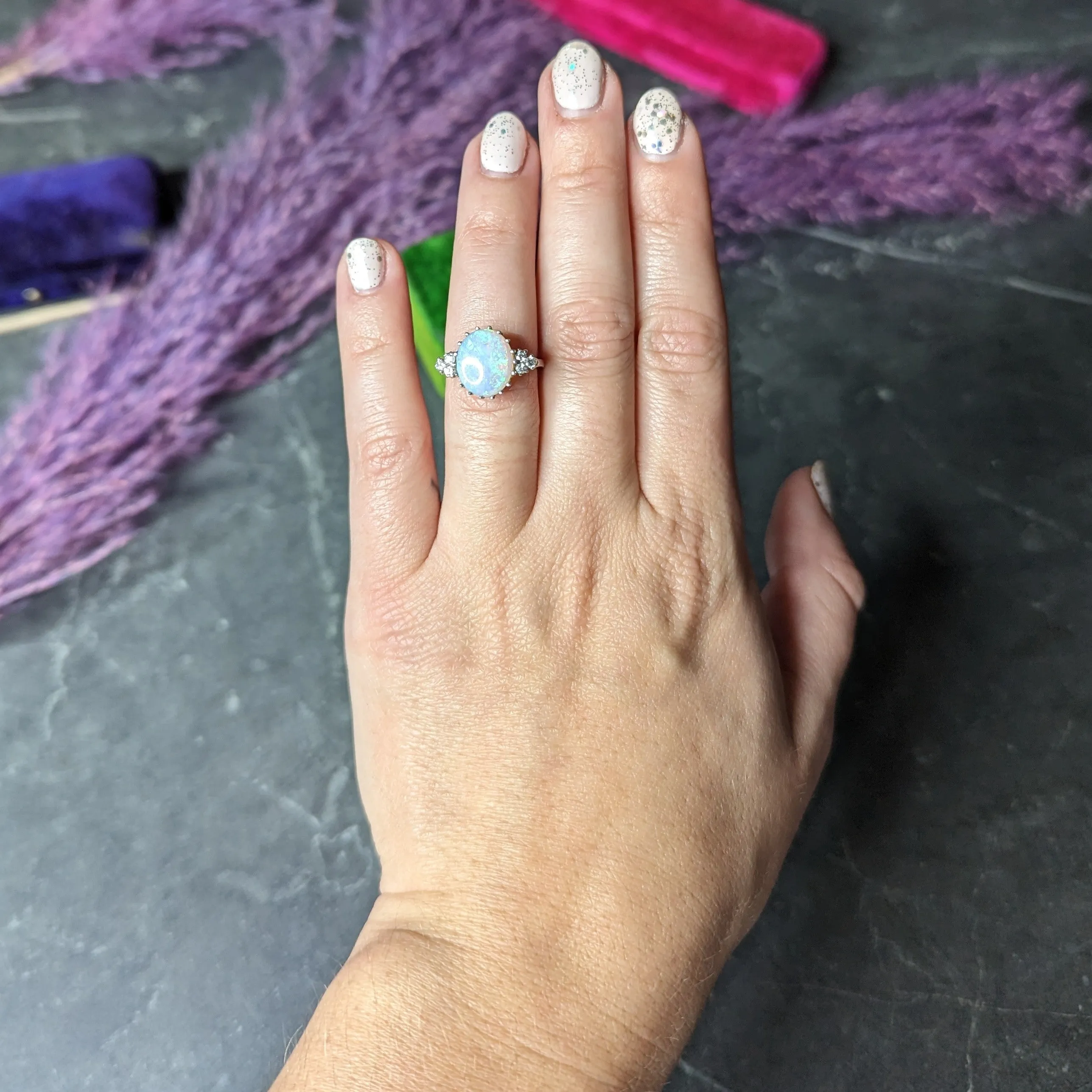 Mid-Century Opal Diamond 14 Karat White Gold Vintage Ring