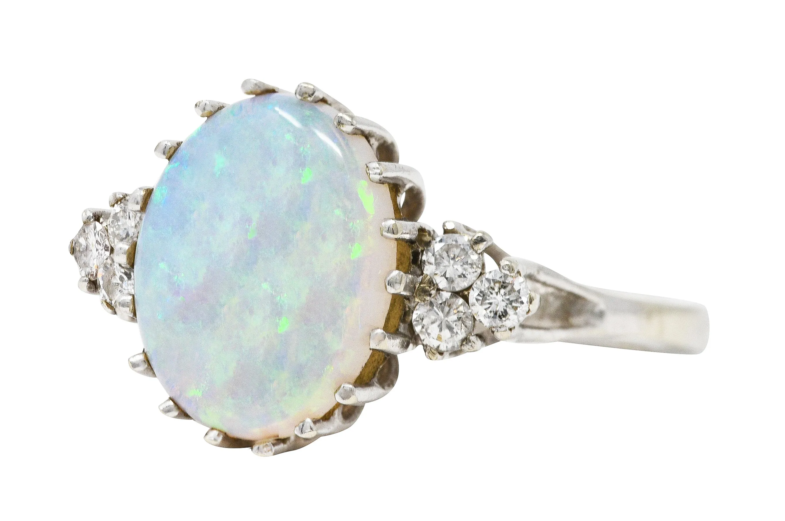 Mid-Century Opal Diamond 14 Karat White Gold Vintage Ring