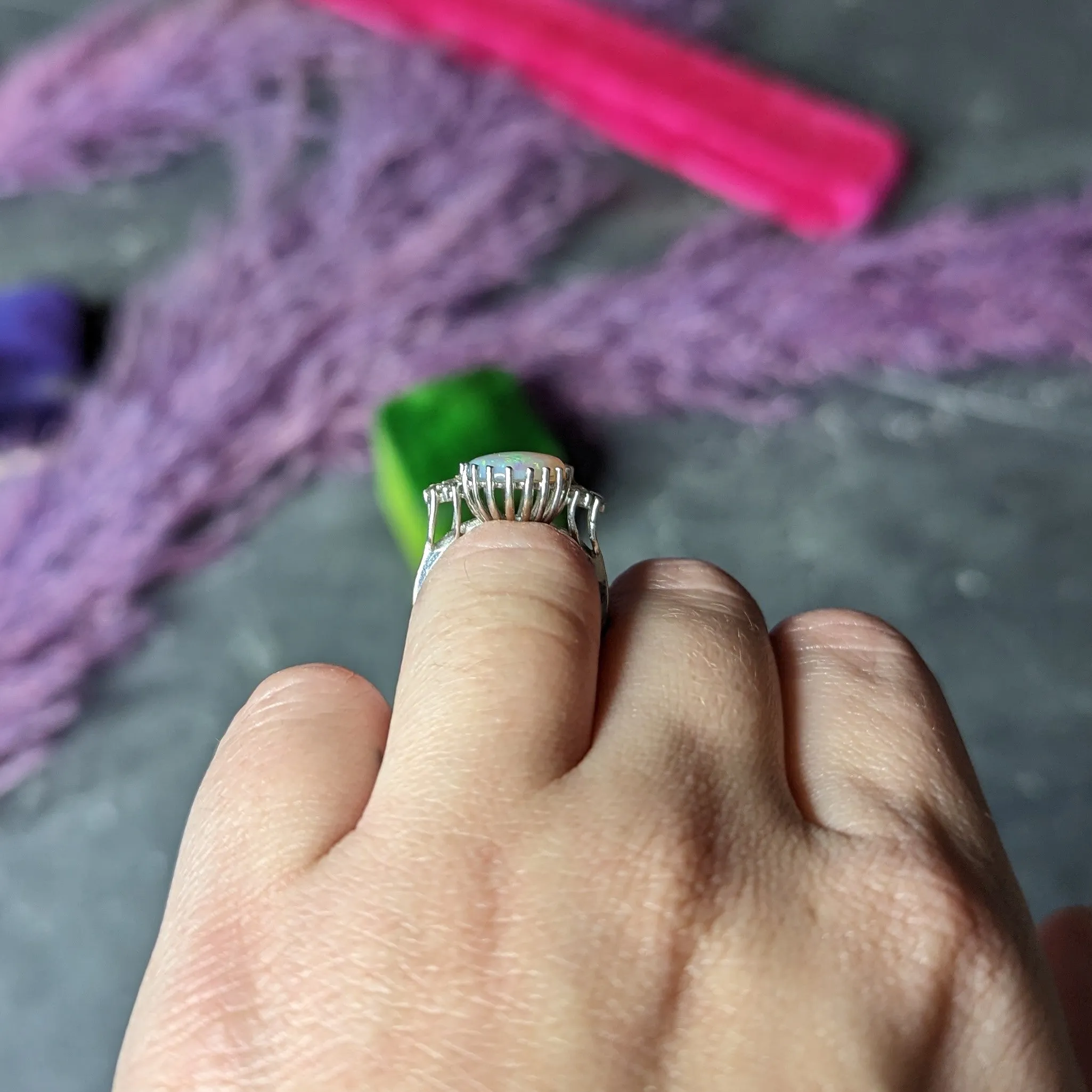 Mid-Century Opal Diamond 14 Karat White Gold Vintage Ring