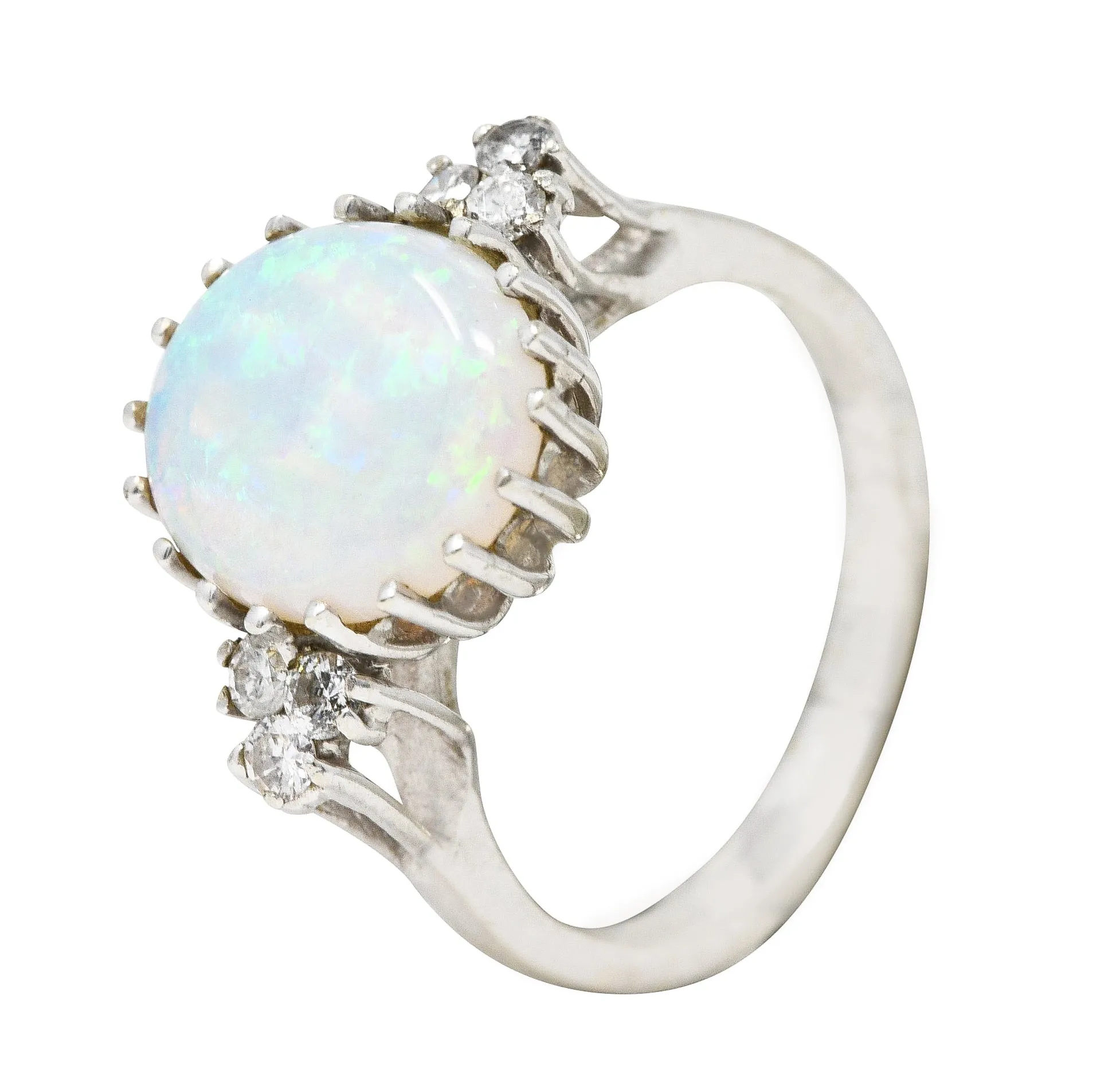 Mid-Century Opal Diamond 14 Karat White Gold Vintage Ring