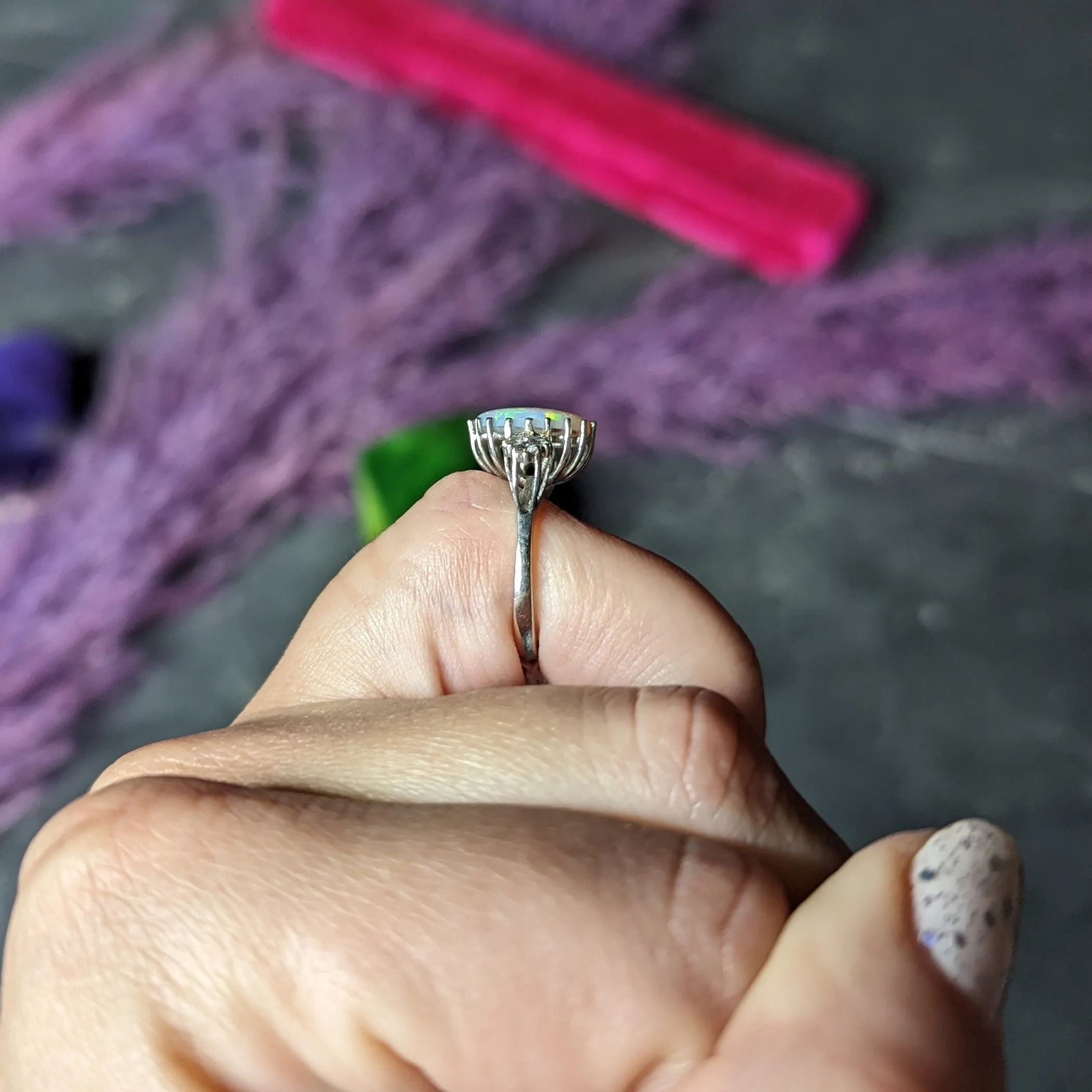 Mid-Century Opal Diamond 14 Karat White Gold Vintage Ring
