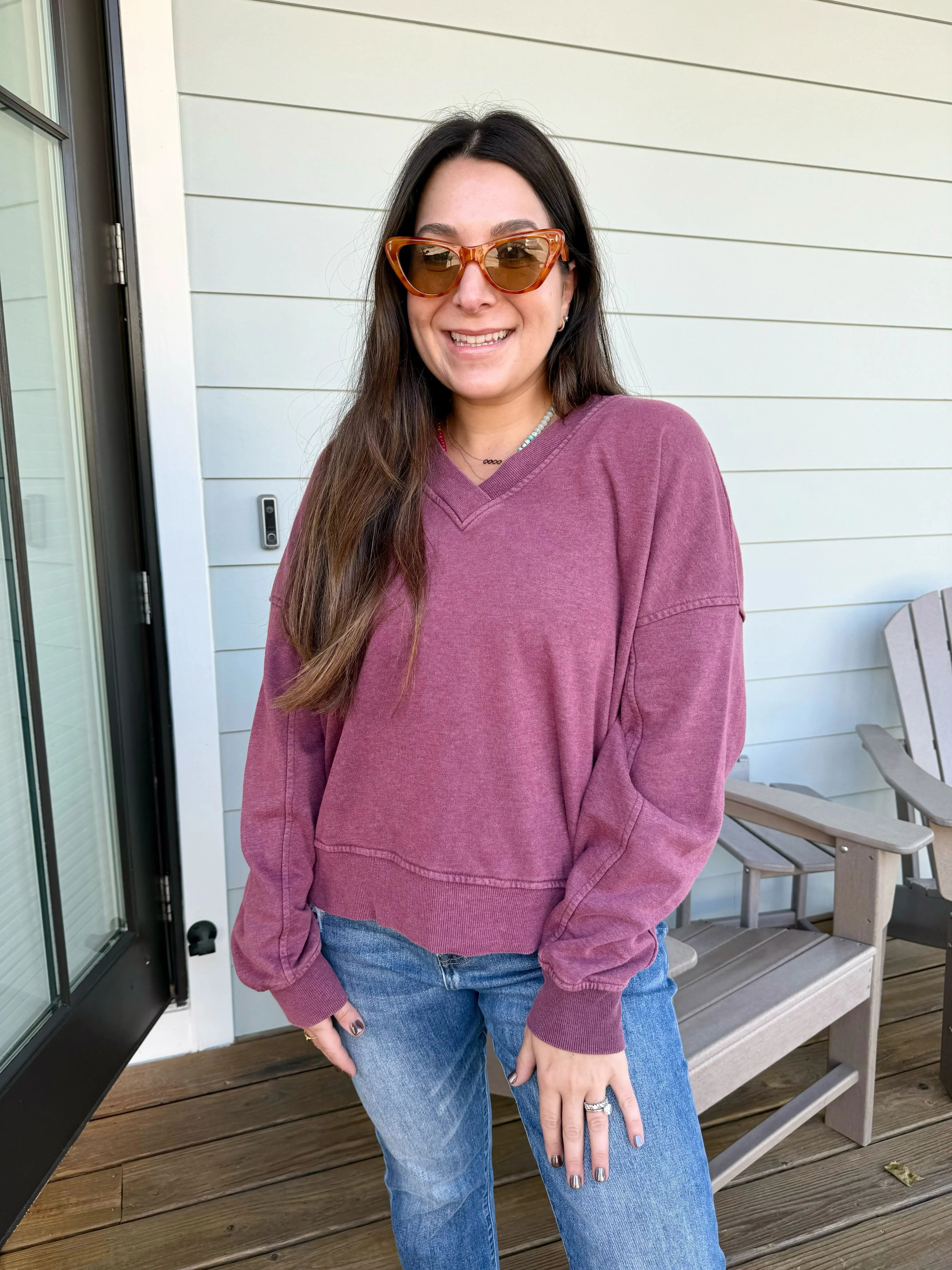 Mineral Wash V-Neck Sweatshirt by Rae Mode - Wine