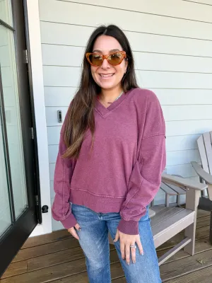 Mineral Wash V-Neck Sweatshirt by Rae Mode - Wine