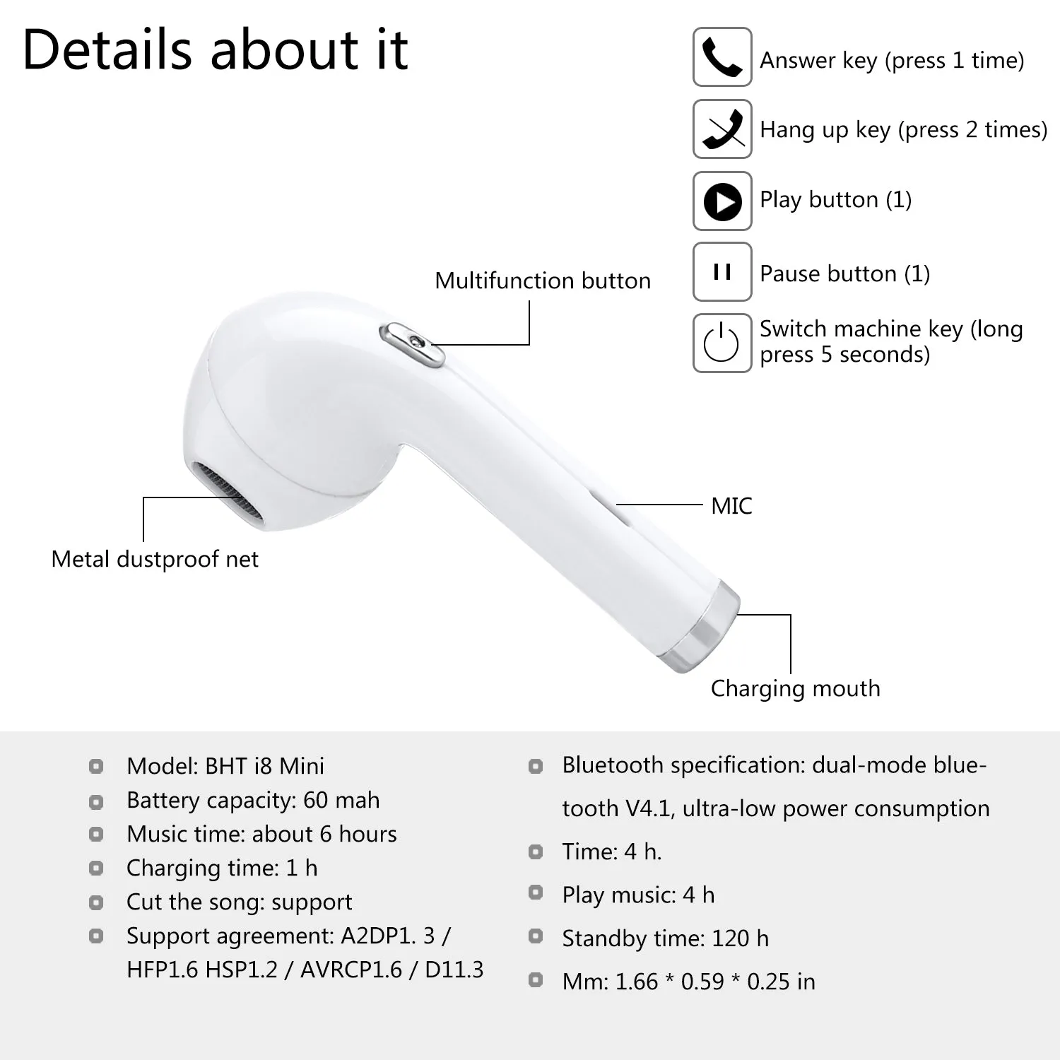Mini Wireless In-Ear Bluetooth Earphone 180 Degrees Rotated Headset for iPhone Samsung black