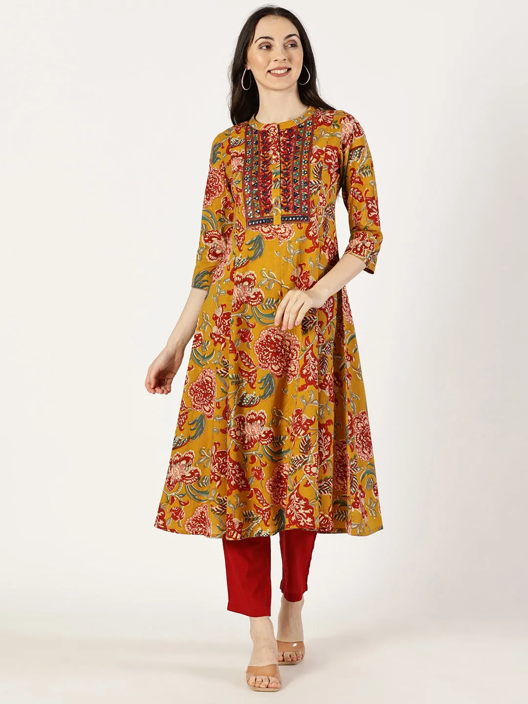 Mustard Cotton Printed Kurta with Embroidered Neck and Mirror Work