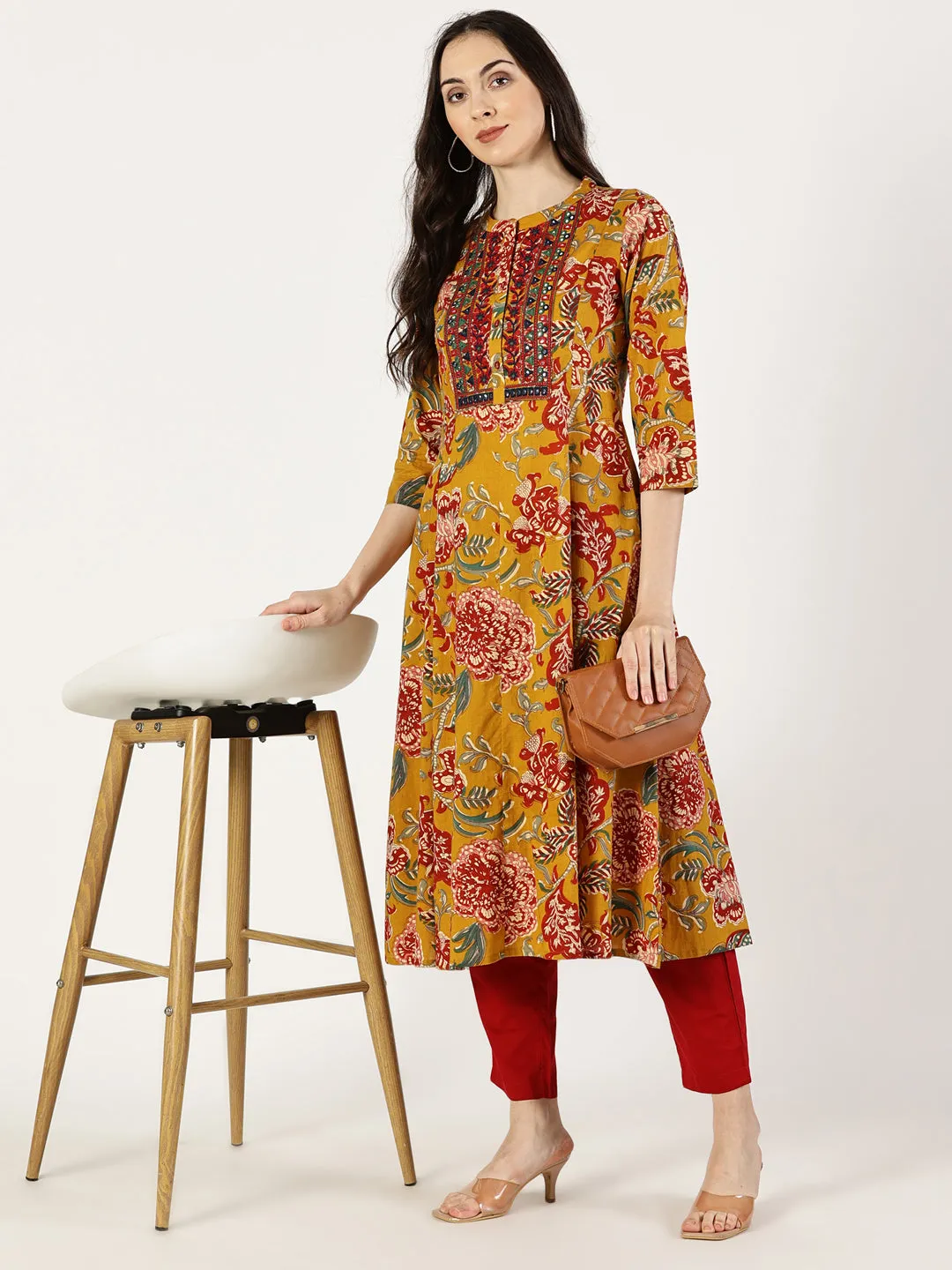 Mustard Cotton Printed Kurta with Embroidered Neck and Mirror Work