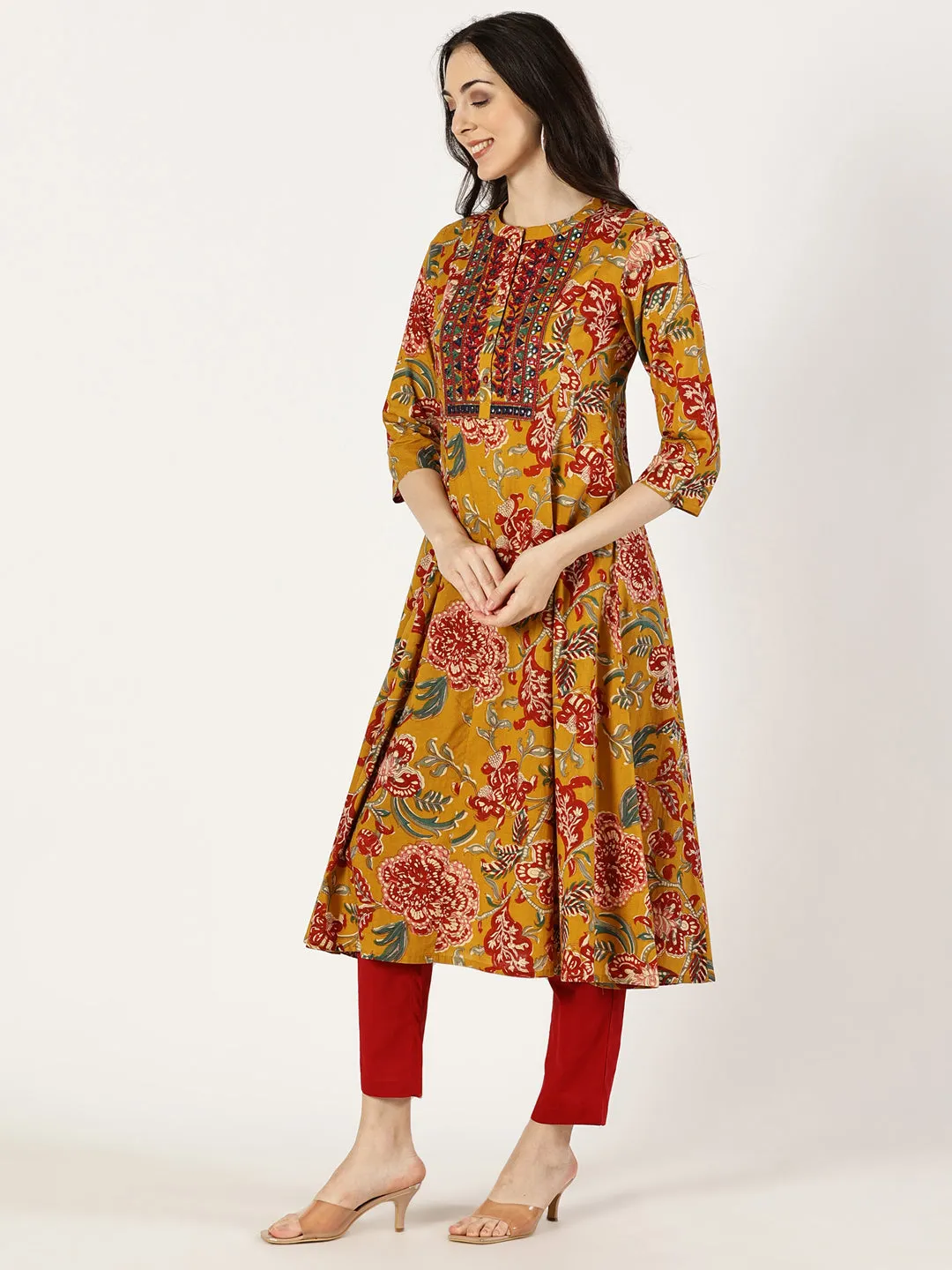 Mustard Cotton Printed Kurta with Embroidered Neck and Mirror Work