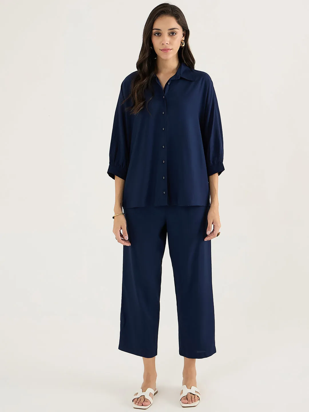Navy Kimono Sleeve Shirt Co-Ord Set