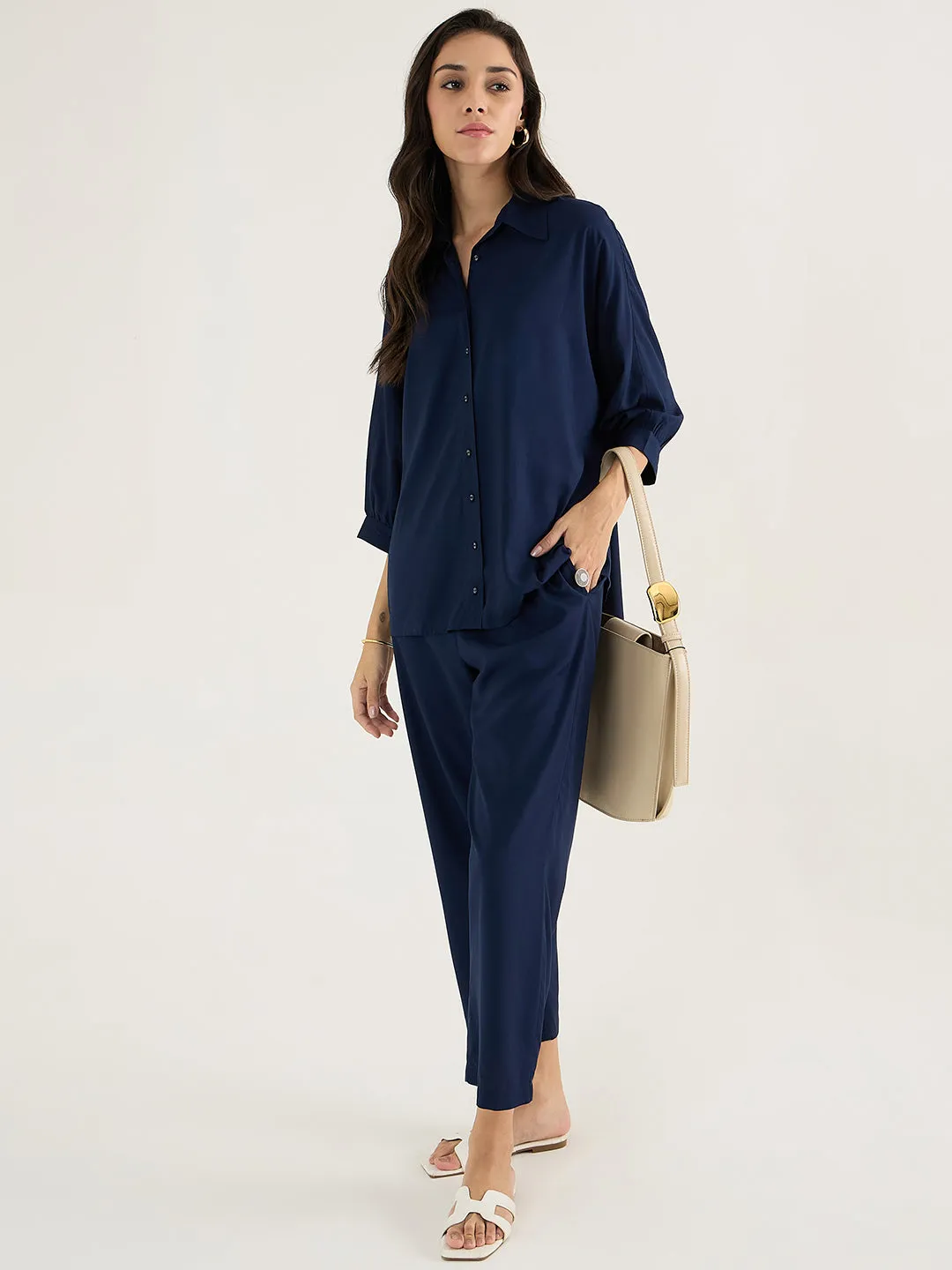 Navy Kimono Sleeve Shirt Co-Ord Set