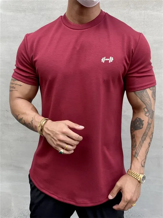 New Men's Slim Show Muscle Round Hem Cotton Spring Summer Solid Color Training Slim Sports Short Sleeve T-Shirt Sz XL Wine red Retails $36 