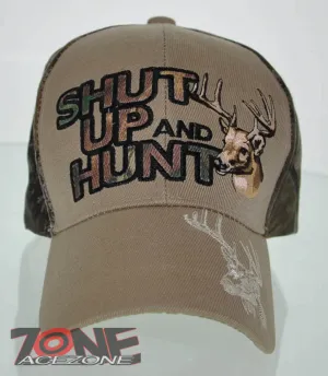 NEW! SHUT UP AND HUNT HUNTER HUNT DEER BUCK OUTDOOR SPORTS CAP HAT TAN CAMO